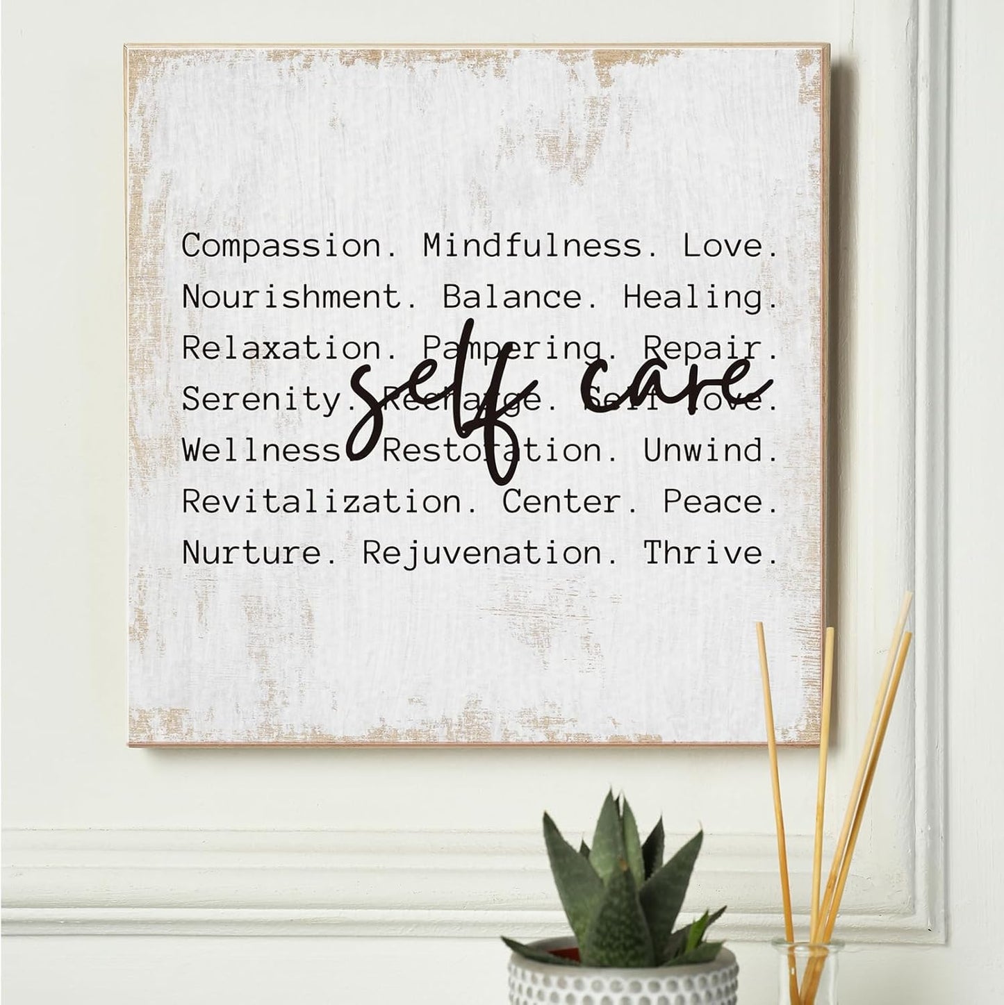 Inspirational Self Care Canvas Wall Art Framed Painting Prints Wall Decor for Women Men Rustic Motivational Decorative Strength Mental Health Decorations for Bathroom Home Office,11.8x11.8 Inch