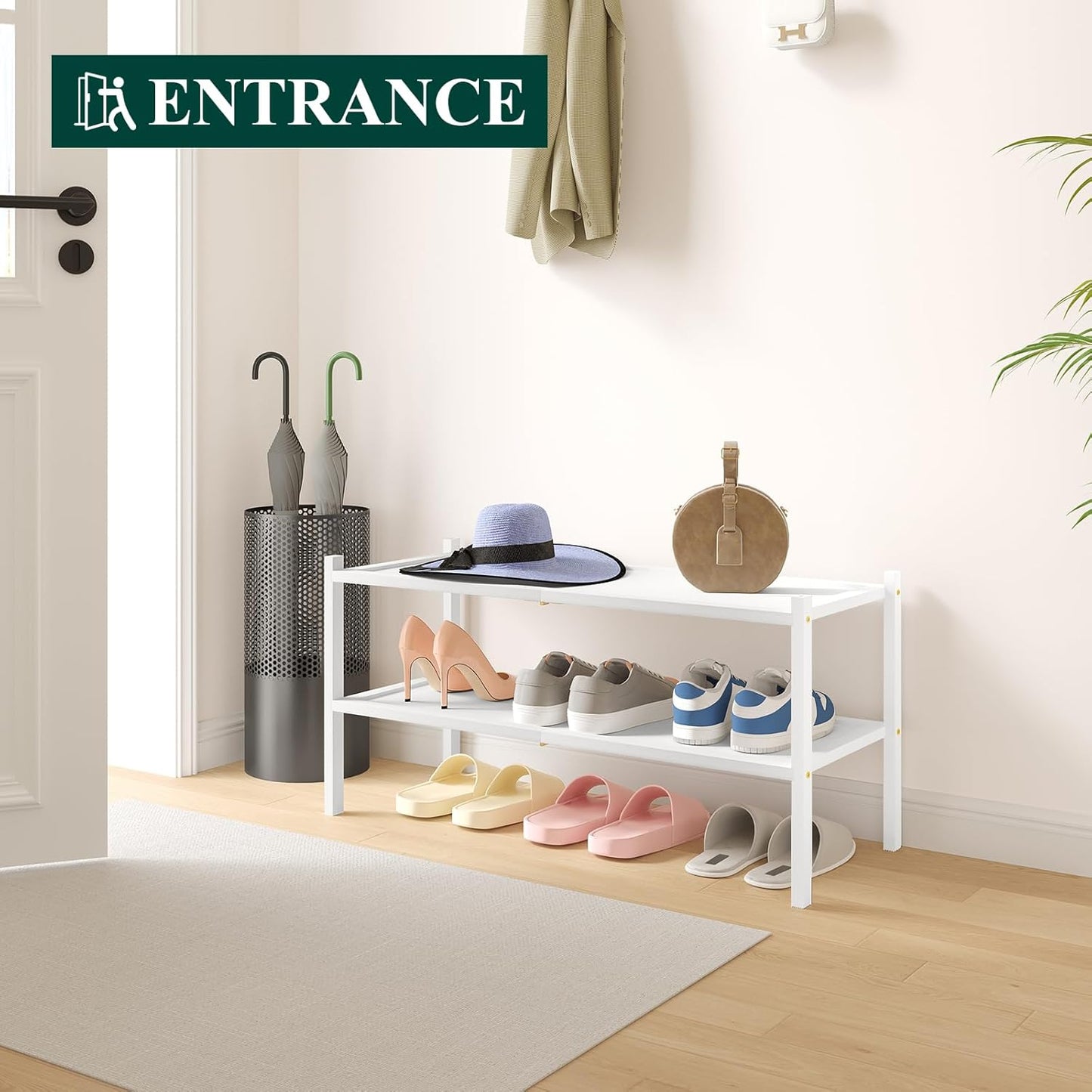 Smiry Bamboo Shoe Rack, 2 Tier Shoe Organizer for Entryway & Closet, Stackable Free Standing Storage Shelf for Shoes, Bags & Plants, White