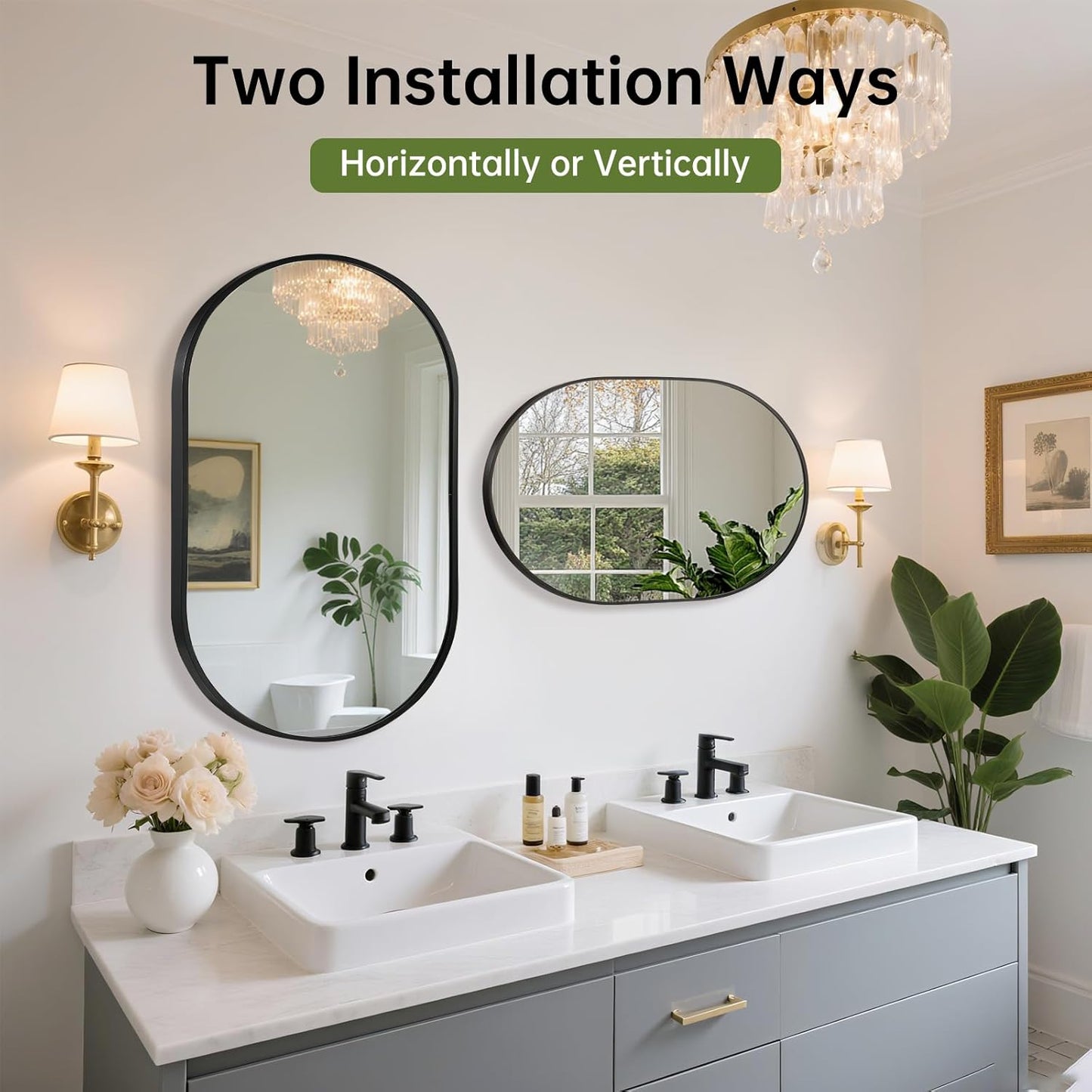 FARMER Black Oval Mirror, 22x30 Inch Oval Bathroom Mirror, Metal Frame Wall Mirror, Gold Mirror, Wall Mounted Bathroom Vanity Mirror for Bedroom, Living Room, Entryway, Vertical or Horizontal