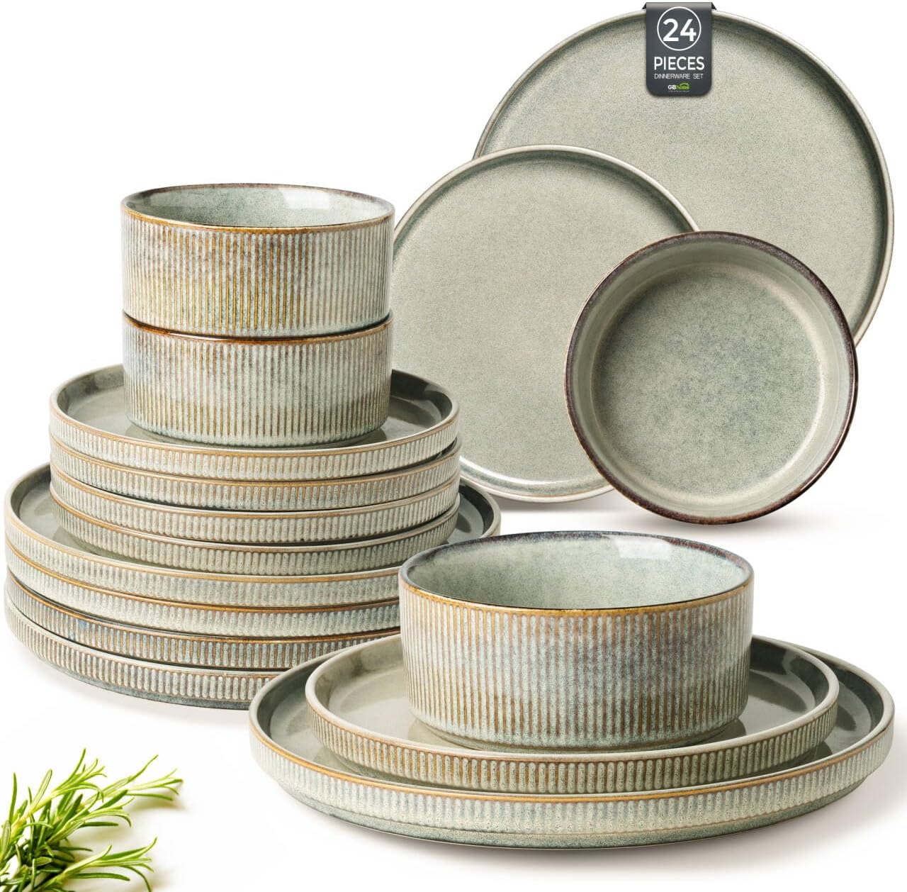 GBHOME Stoneware Dinnerware Sets for 8,Round Reactive Glaze Ceramic Plates and Bowls Set,Highly Scratch Resistant | Dishwasher & Microwave Safe Dishes Set,Service for 8(24Pcs)