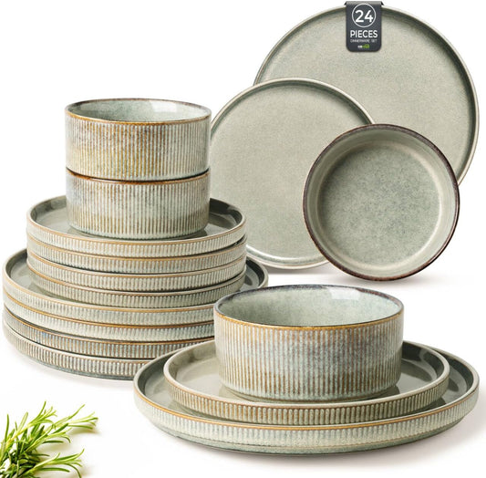 GBHOME Stoneware Dinnerware Sets for 8,Round Reactive Glaze Ceramic Plates and Bowls Set,Highly Scratch Resistant | Dishwasher & Microwave Safe Dishes Set,Service for 8(24Pcs)