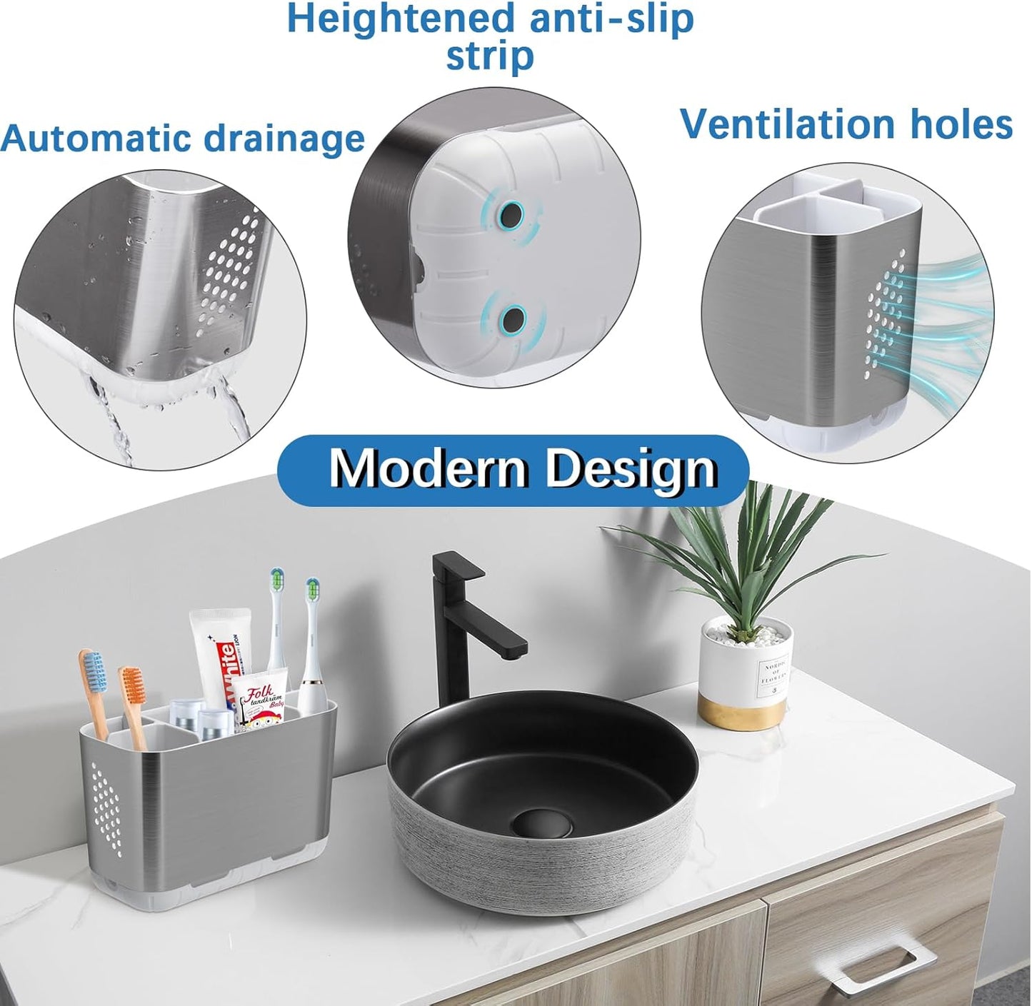 Toothbrush Holders for Bathroom Organizer Countertop, Detachable Anti-Slip Large Electric Toothbrush Holders, Brushed Nickel Toothbrush and Toothpaste Storage Caddy Drainage for Family, Kids