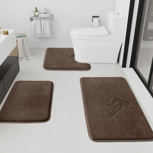 HUXMEYSON Bathroom Rugs Sets 3 Piece, Non-Slip & Quick Dry Bath Mat Set, Ultra Soft Velvet Bath Rugs for Bathroom, Toilet and Shower Floor, Brown