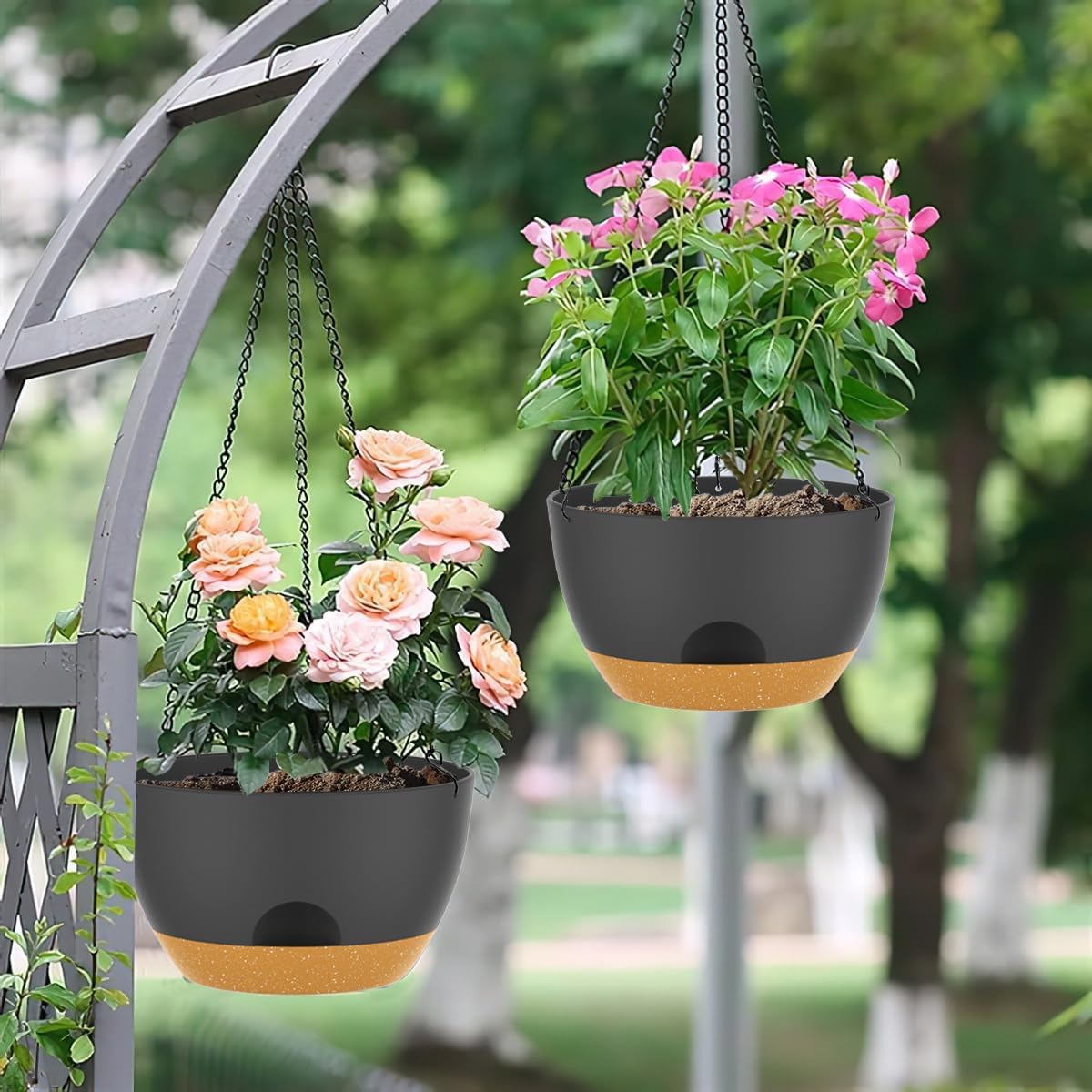 10 Inch Hanging Baskets 2 PC with Chains, Self-Watering Hanging Planters for Indoor Outdoor Plants, Plastic Hanging Flower Pots,Black Brown