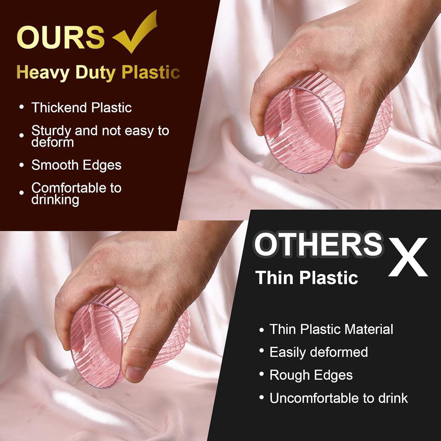 40 Pack Plastic Ribbed Wine Glasses, 14Oz Origami Disposable Wine Glasses Unbreakable Clear Plastic Cocktail Glasses Recyclable Shatterproof Reusable Wine Cups (14oz-pink-40pack)