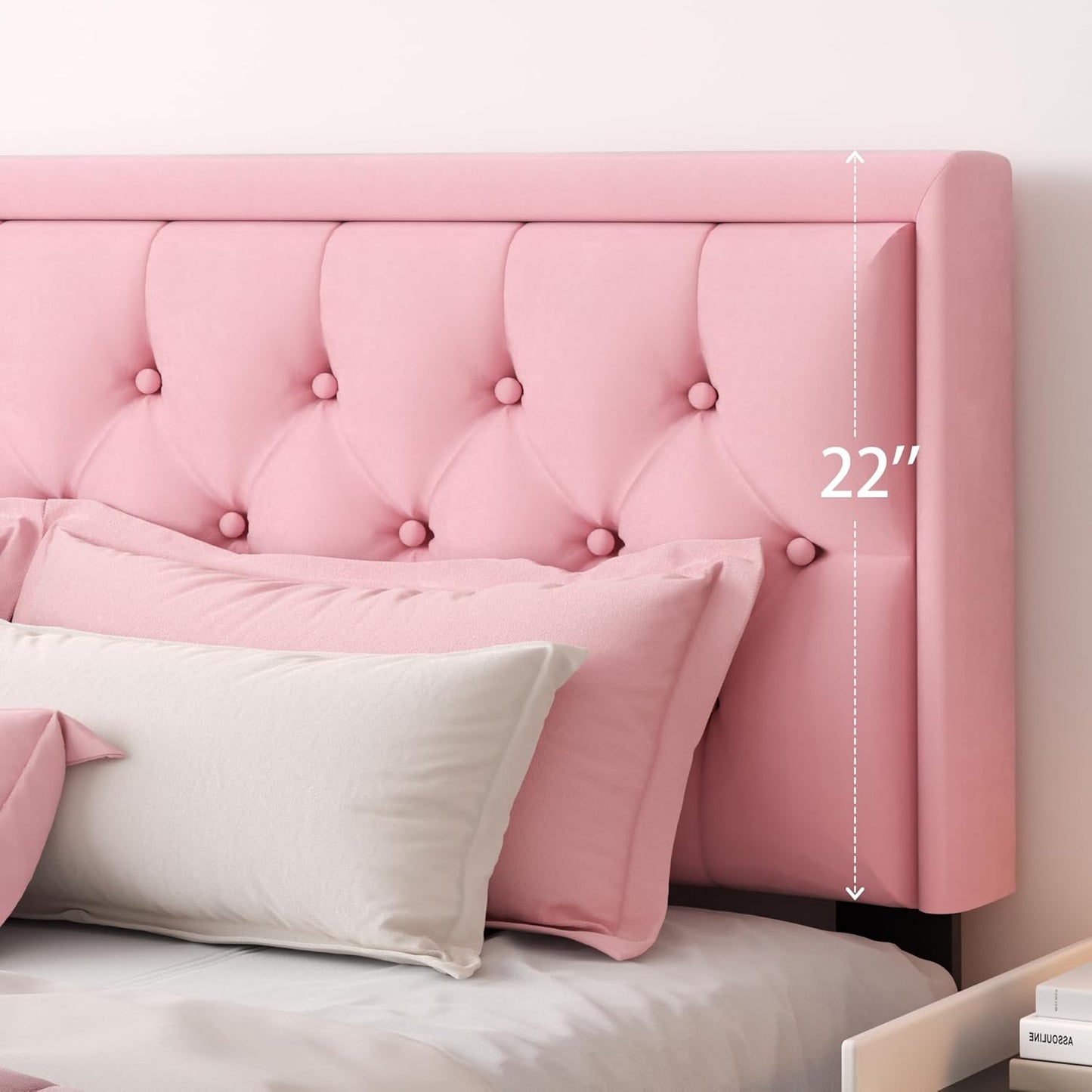 King Size Platform Bed Frame with Upholstered Velvet Button Tufted Headboard, Mattress Foundation with Wooden Slat Support, No Box Spring Needed, Easy Assembly, Noise Free, Pink