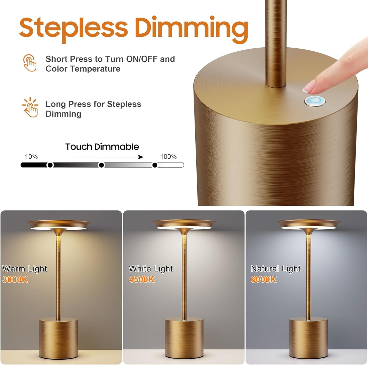Cordless Table Lamp,Rechargeable 6000mAh Battery Operated Portable Light, 3 Color Stepless Dimmable Battery Table Lamps, LED Table Light for/Restaurant/Outdoor/Patio(Bronze)