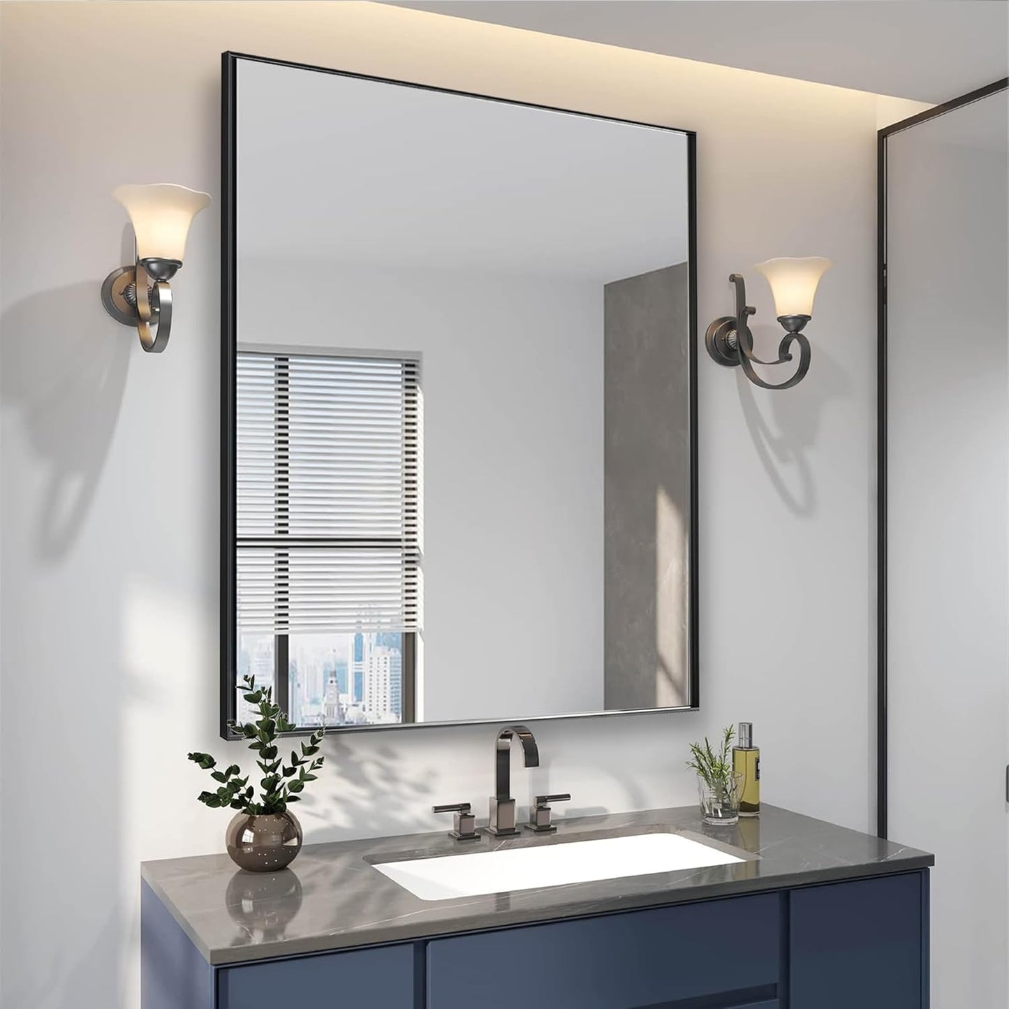 24x30 Inch Black Bathroom Mirror for Wall, Aluminum Frame Rectangle Rectangular Vanity Mirror, Modern Large for Bedroom, Living Room, Horizontal or Vertical