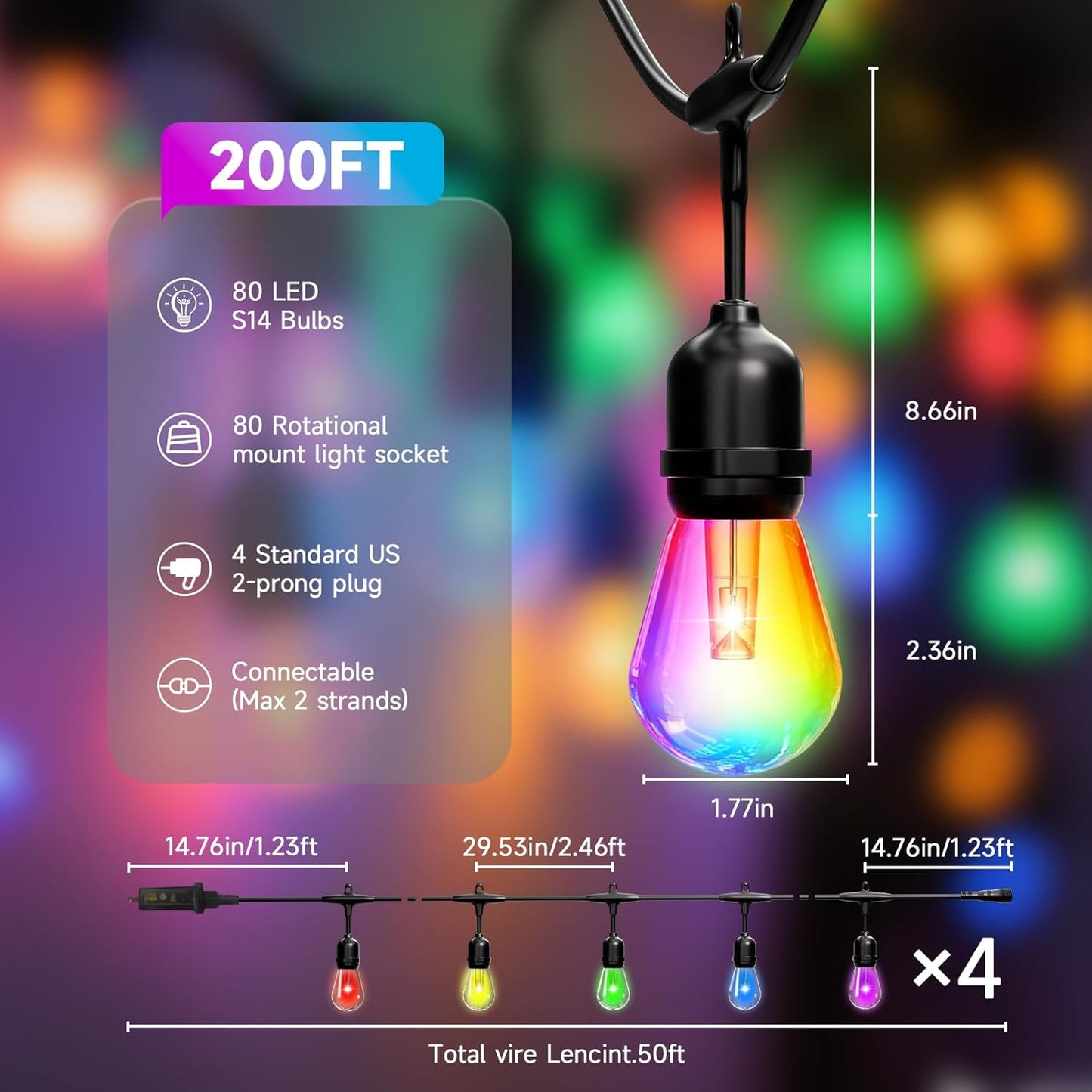 RGB Safety String Lights 200FT - Commercial Grade Low Voltage Strand with 80 S14 Shatterproof Bulbs for Tree Garden Yard bistro Cafe | RGB Party Lights & Outdoor Lights | IP65 Waterproof | UL Listed