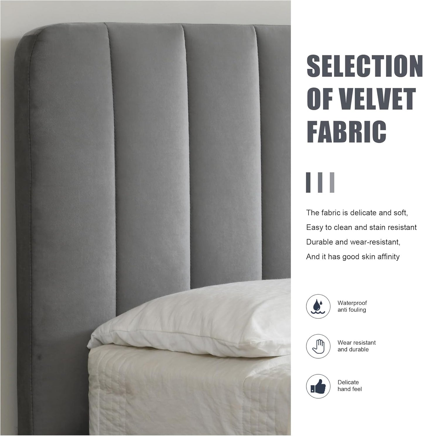 PINJU Queen Size Storage Bed with Hydraulic Lift, Upholstered Platform Bed, Simple Vertical Line Design, Wooden Slat Support, No Spring Required (Grey, Queen (U.S. Standard))