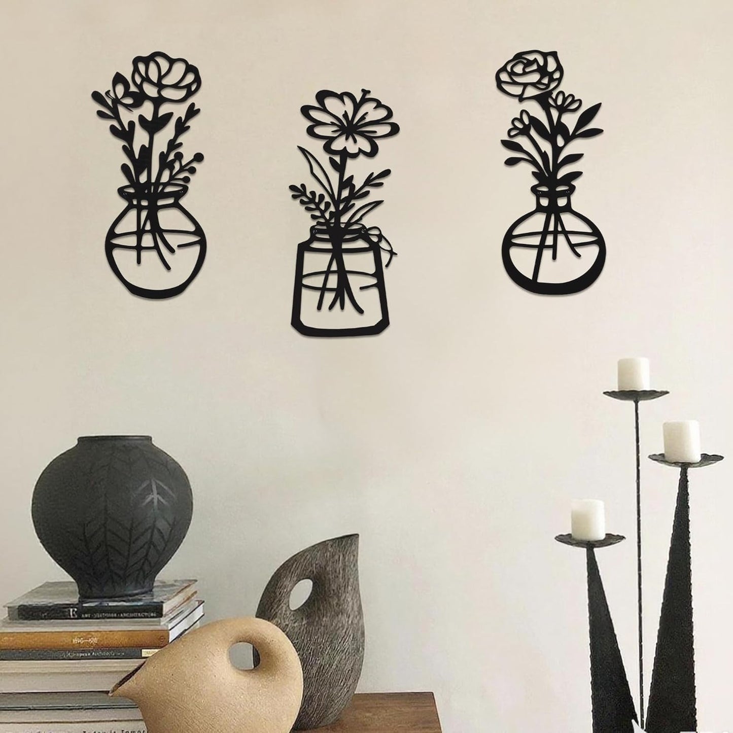 Metal Flower Wall Art 3 Pieces, Rustic Farmhouse Decor Wall Decor, Metal Wall Sculptures Hanging for Kitchen Bathroom Living Room (Black)