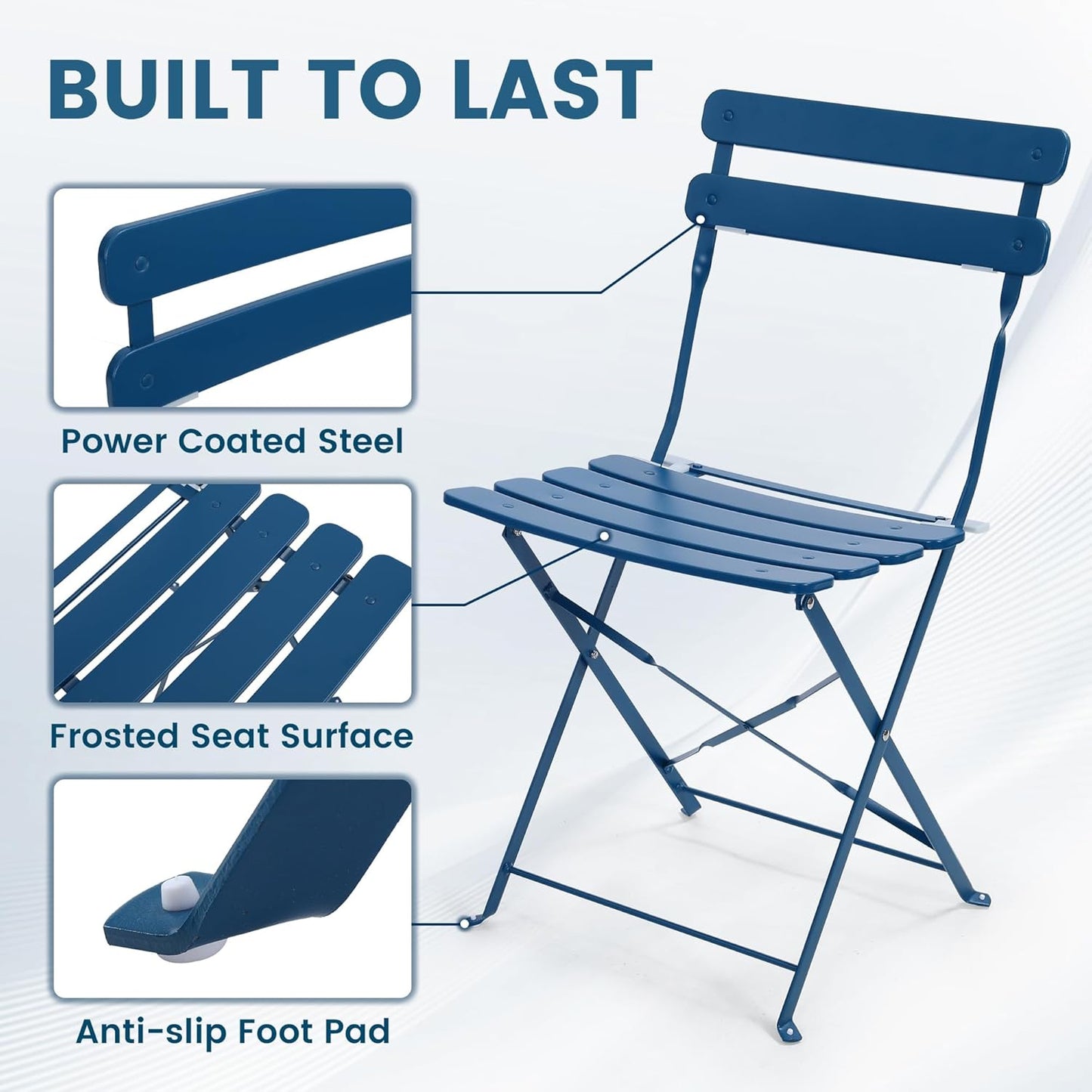 Kromax Outdoor 3 Piece Patio Bistro Set, Folding Bistro Table and 2 Folding Chairs, Patio Conversation Furniture Set, Space Saving, Blue