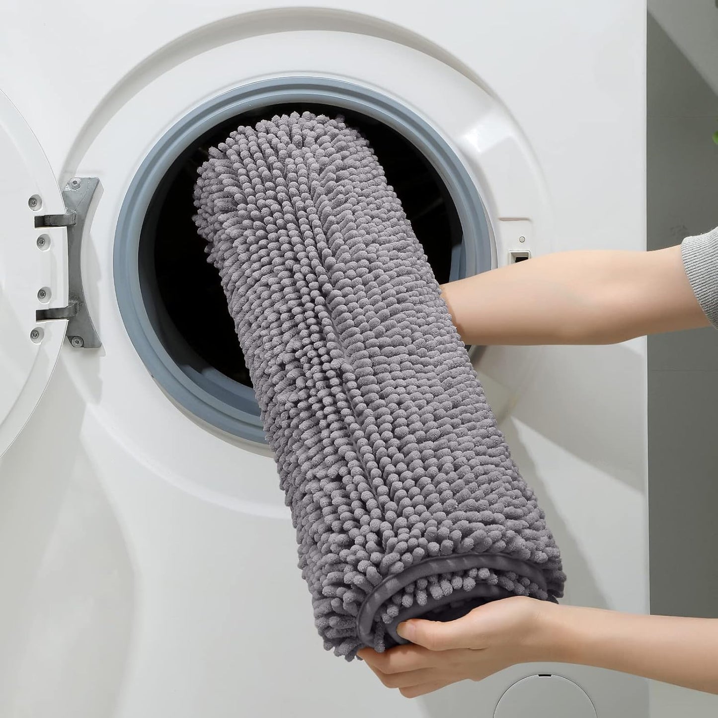 HOMEIDEAS 3 Pieces Bathroom Rugs, Extra Large Ultra Soft Non Slip Absorbent Chenille Toilet Bath Mat Set (Grey,17"x24"+20"x48"+U Shape 20"x24")