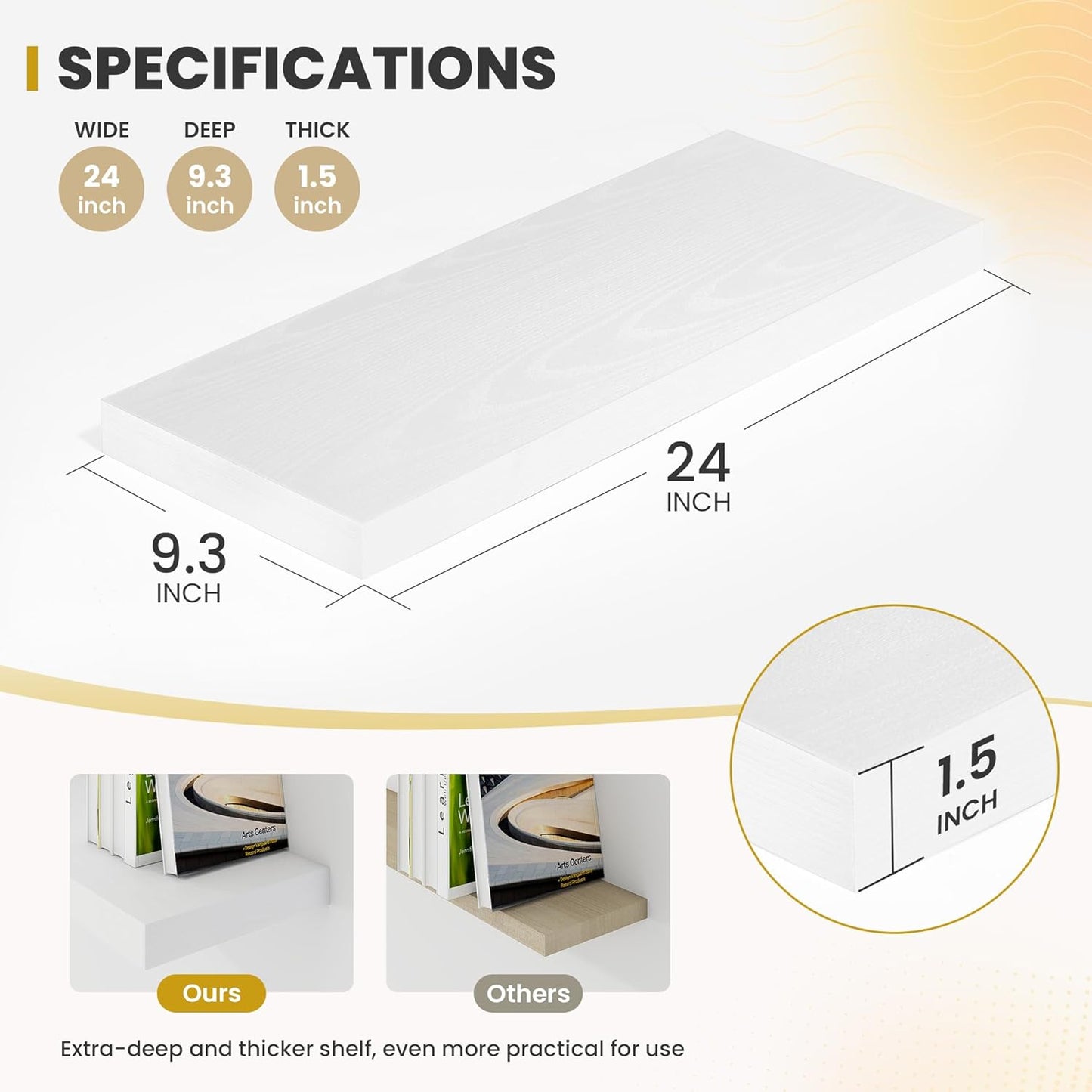 24 Inch Floating Shelves, 9.3" Deep Floating Shelf Wall Mounted, 24" Wall Shelves, Rustic Deep Bookshelf, Large Display Shelves & Storage Shelves for Bedroom, Living Room, White, Set of 2