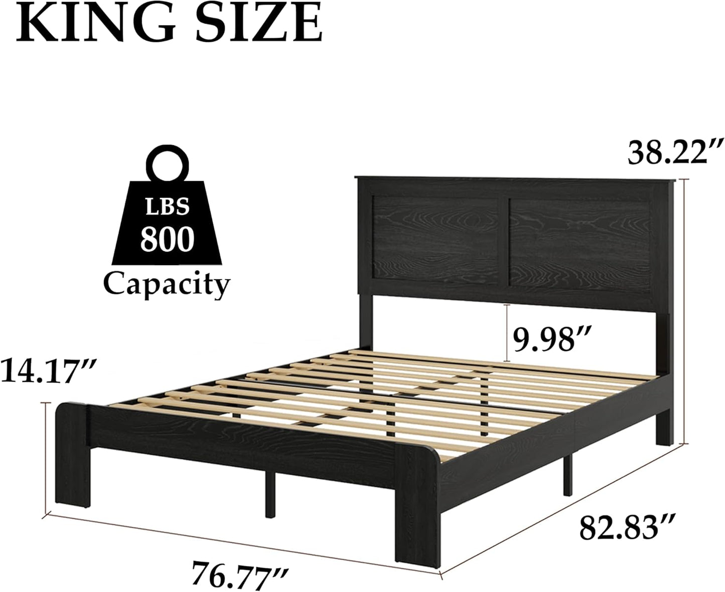 Wood Platform Bed Frame, King Bed Frame with Headboard and Wood Slat Support, Noise-Free,Easy Assembly, No Box Spring Needed,Black