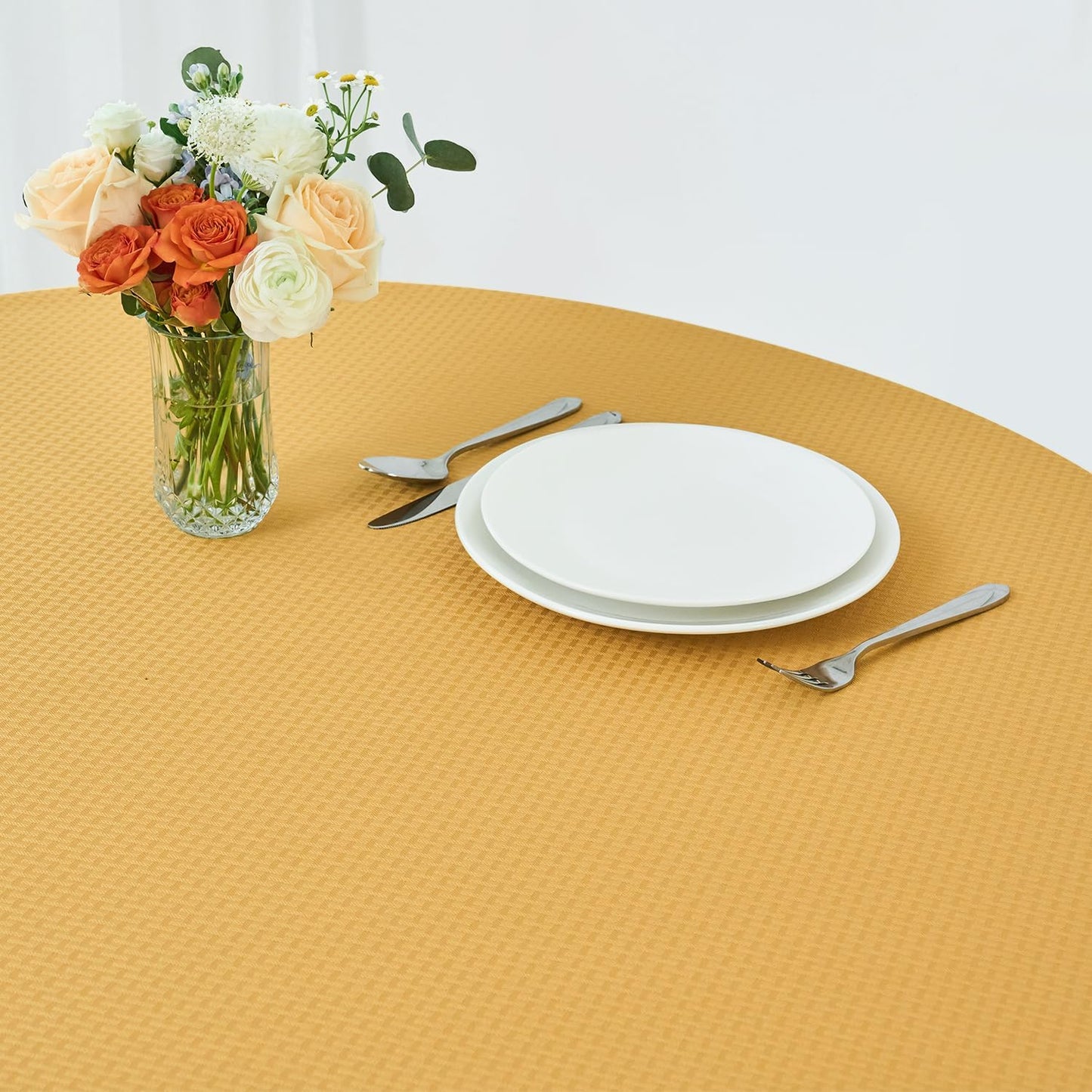 maxmill Round Weaved Texture Design Tablecloth Spill-Proof Wrinkle Free Soft Washable Table Cloth for Circular Table Cover, for Dining Room Banquet Parties Holiday Dinner, 70 Inch Ochre Yellow