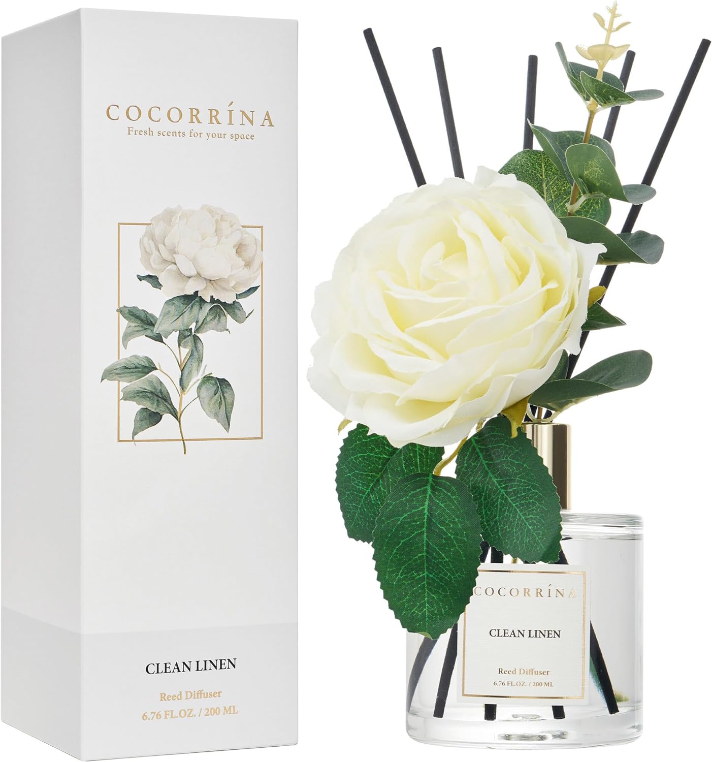 Cocorrína Flower Reed Diffuser - Clean Linen 6.7oz Scented Diffuser with Sticks Home Fragrance Essential Oil for Bathroom Shelf Decor (Artificial Flower)