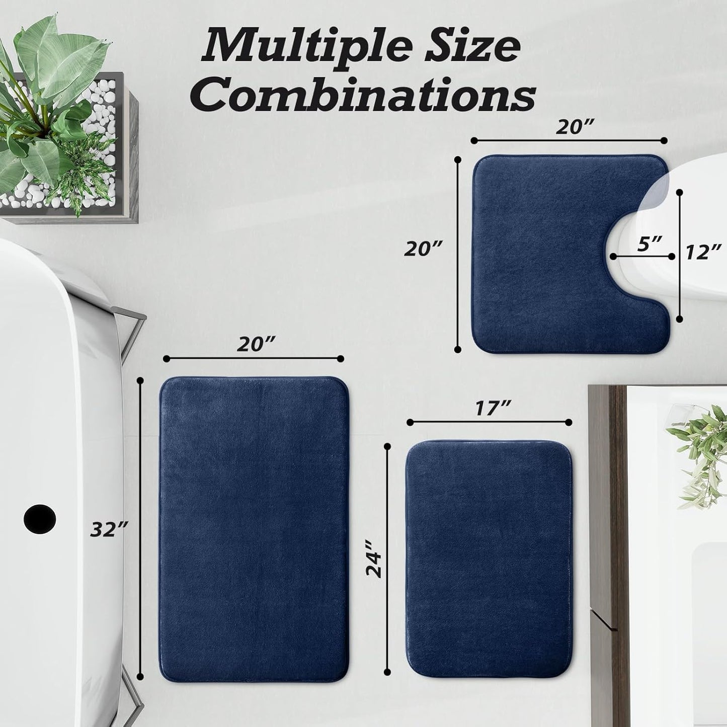 HUXMEYSON Bathroom Rugs Sets 3 Piece, Non-Slip & Quick Dry Bath Mat Set, Ultra Soft Velvet Bath Rugs for Bathroom, Toilet and Shower Floor, Navy