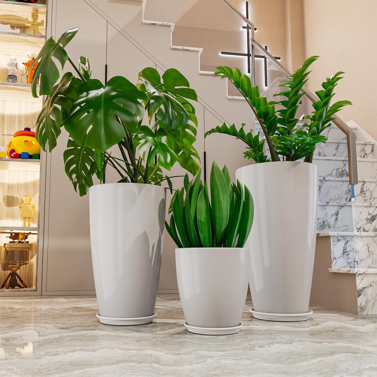 QCQHDU 24,21,11 inch Large Planters with Drainage Hole & Saucer, Set of 3 Plant Pots Tall Planter for Indoor & Outdoor Plants Home Modern Decor