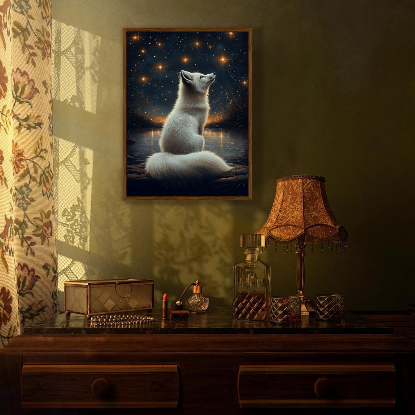 Djmwtb Framed Vintage Wall Art, White Fox Wall Decor,Starry Night Landscape Paintings for Bedroom, Woodland Animal Canvas Pictures Artwork Prints for Living Room 16x24in