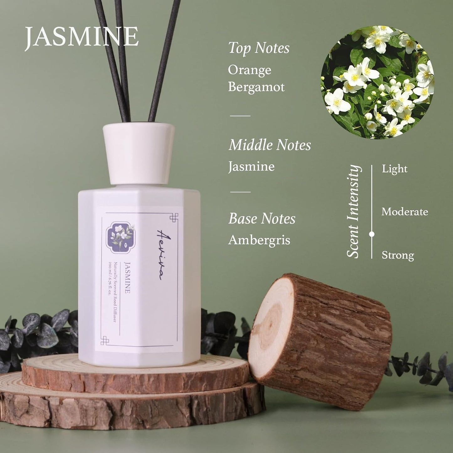 Reed Diffuser Set, 6.76 fl oz Jasmine Scented Oil Diffuser, Home Fragrance with Reed Sticks for Bedroom, Office, Bathroom Shelf Decor & Gifts