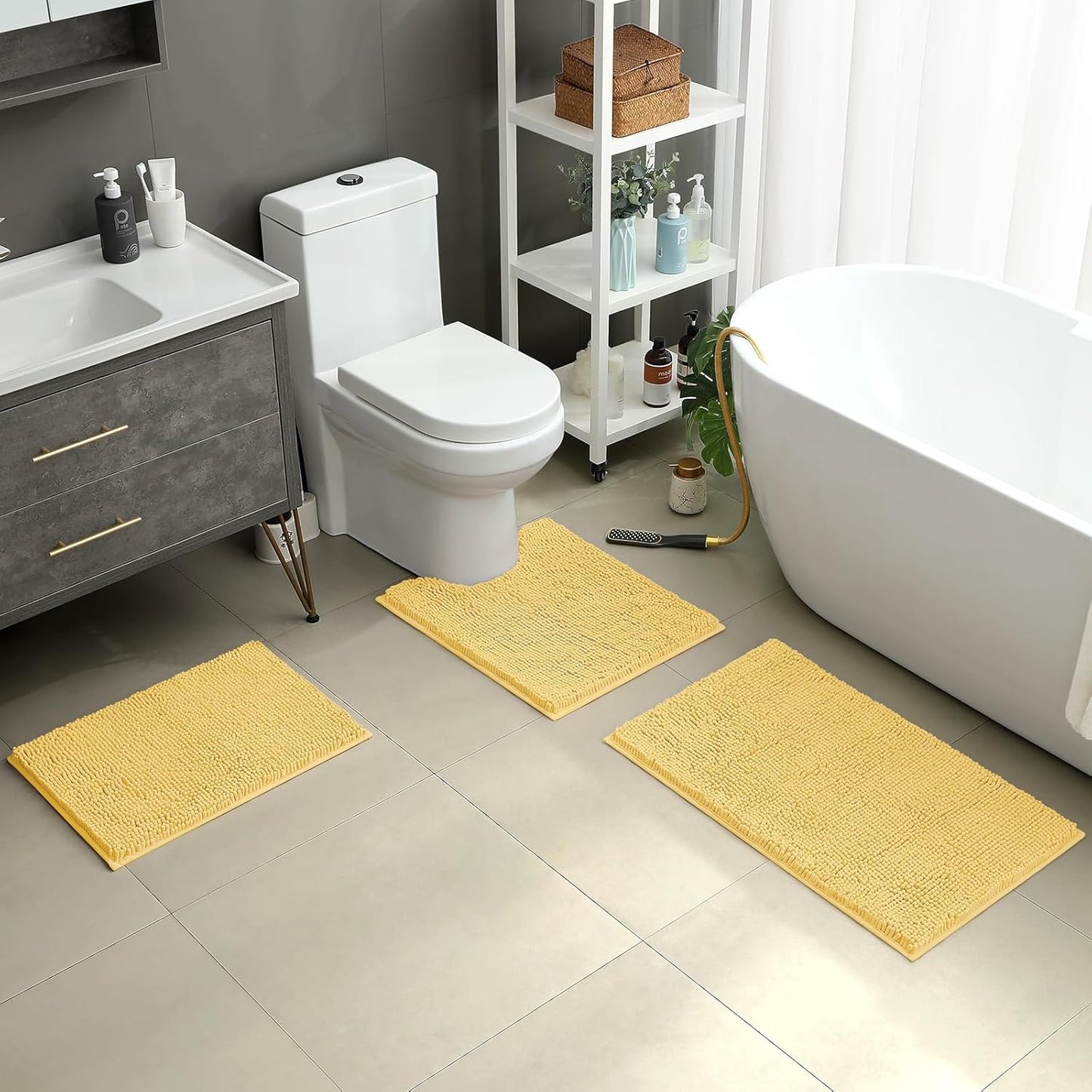 HOMEIDEAS 3 Pieces Bathroom Rugs, Ultra Soft Non Slip Absorbent Chenille Toilet Bath Mat Set (Yellow,17"x24"+20"x32"+U Shape 20"x24")