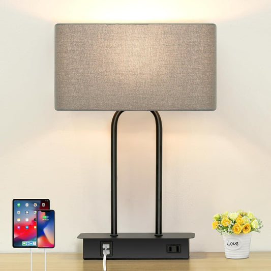 3-Way Dimmable Touch Control Table Lamp with USB Ports and AC Power Outlet Modern Bedside Nightstand Lamp Fabric Shade and Metal Base for Guestroom Bedroom Living Room LED Bulb Included Warm White
