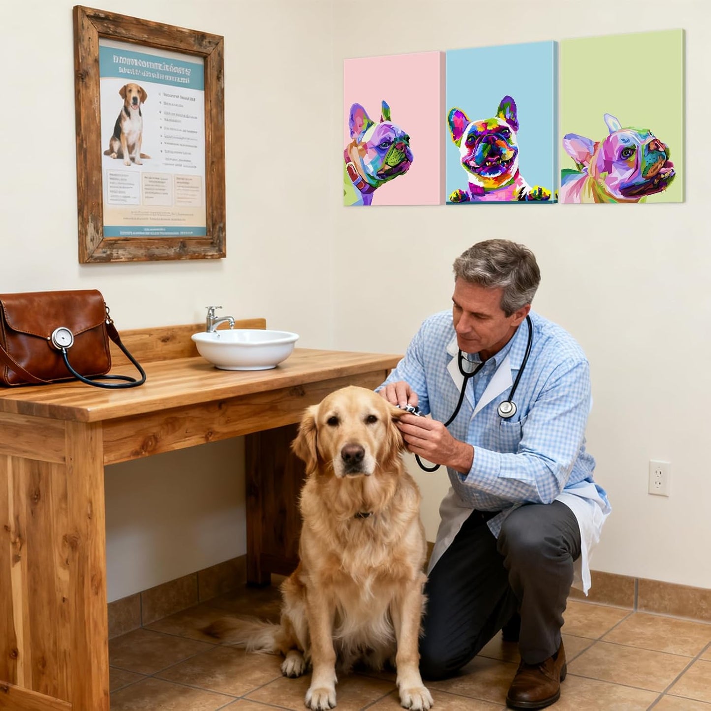 3 Piece French Bulldog Wall Art Dog Canvas Wall Art - French Bulldog Painting with Built-in Wooden Frame (24x36x3 inches) - Lightweight & Ready to Hang, for Living Room, Animal Wall Decor for Pet Shop & Pet Hospital