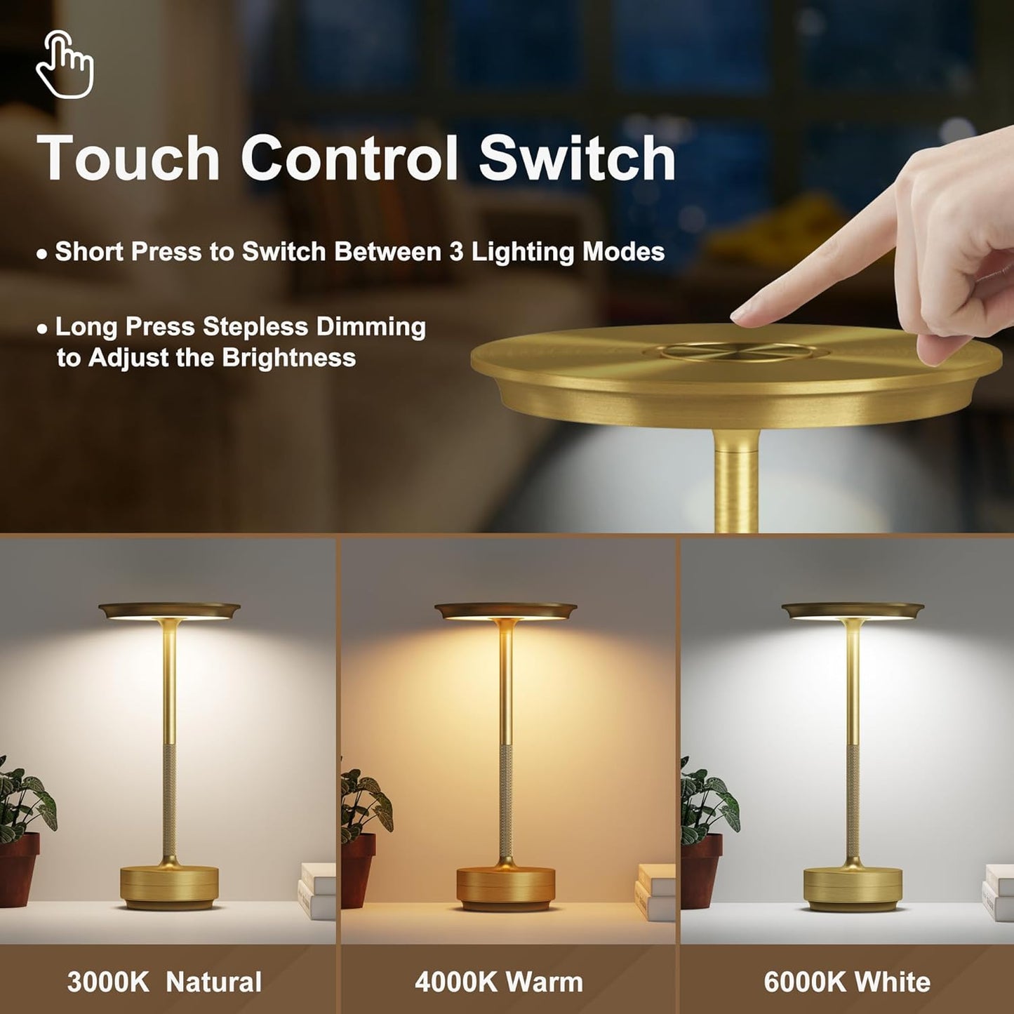 LED Rechargeable Cordless Table Lamp, Battery Operated Stepless Dimming Modern Portable Outdoor Table Light for Dining Restaurant Patio.(Brushed Gold)