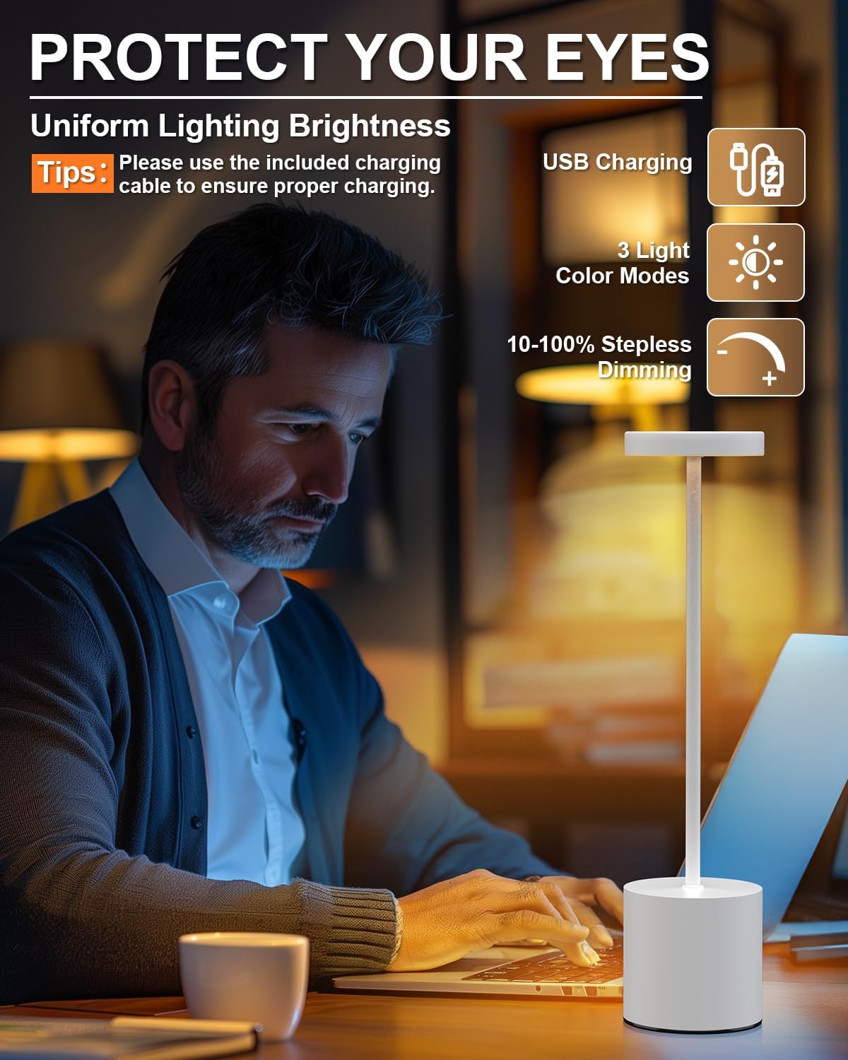 Cordless Table Lamps Rechargeable Set of 2, Portable LED Desk Lamp, 5000mAh Battery Powered Wireless Table Light - 3 Color Dimmable Lighting for Restaurant Dining Patio Outdoor Bedroom(White)