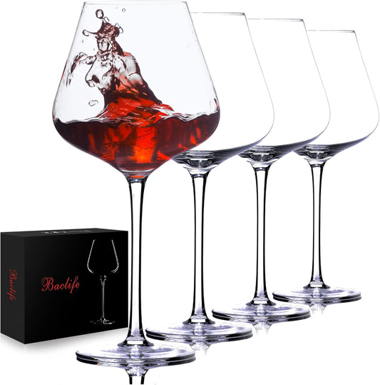 BACLIFE Hand Blown Red Wine Glasses Set of 4 – 23 oz Burgundy Wine Glasses With Long Stem – Large Premium Crystal Wine Glass – Unique Gift for Wedding, Anniversary, Mother’s Day – Clear