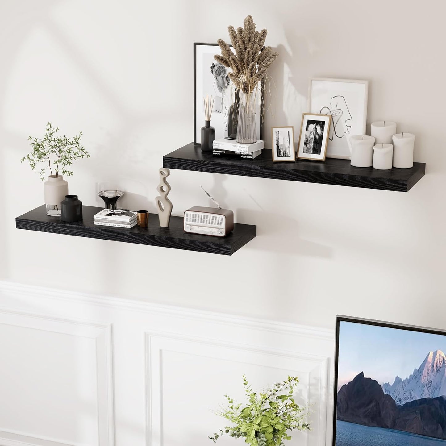 Fun Memories 36 Inch Floating Shelves Black, 9.3 Deep Floating Shelf for Wall, Rustic Black Wall Shelves 36x9.3x1.5 - Set of 2, Large Deep Shelf for Kitchen, Living Room Storage