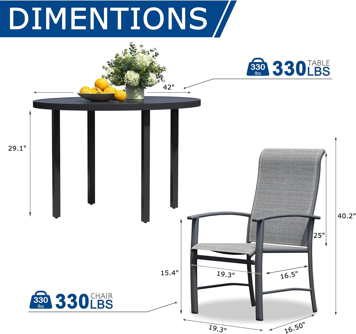 5 Piece Outdoor Dining Set, Patio Table and Chairs Set of 4, 42" Black Round Patio Table with 4 Grey Outdoor Patio Chairs for Lawn, Garden, Porch