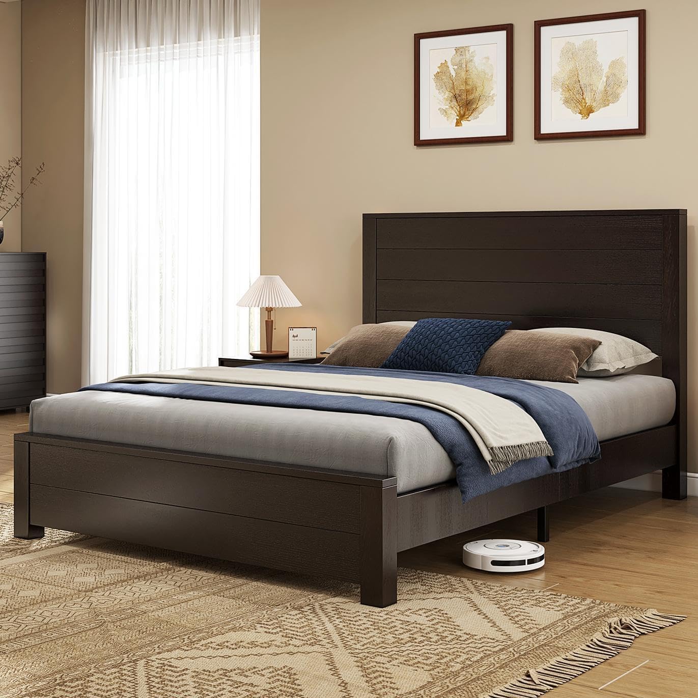 51.2" H Wood Bed Frame with Headboard, Platform Bed Frame Full Size with Wooden Slat Support, No Box Spring Needed/Easy Assembly, Rustic Pine, Deep Brown