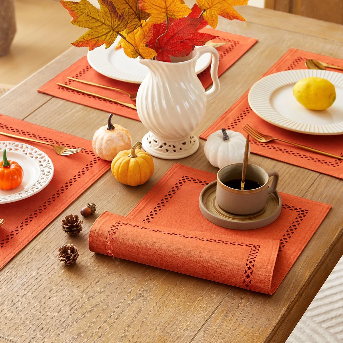 Fall Placemats Set of 6, 12 x 18 Inch Rustic Geometric Hollow Place Mats, Orange Heat Resistant Placemats for Autumn Thanksgiving Farmhouse Table Decor, Orange 6PCS