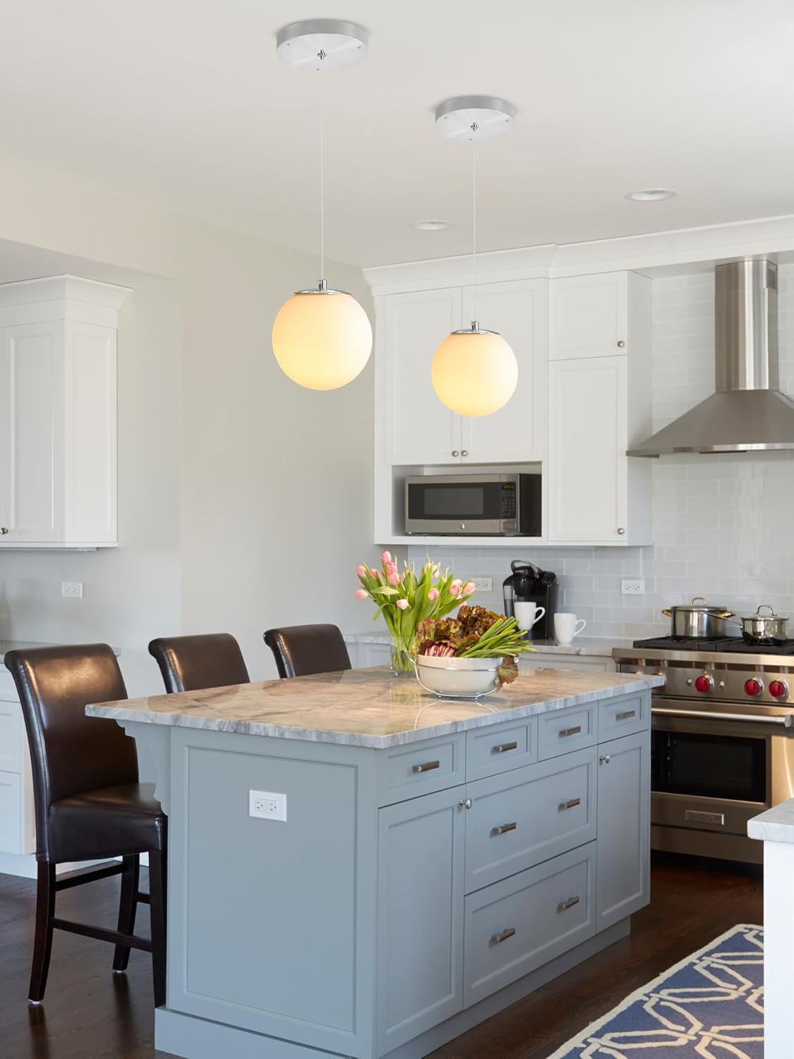 1-Light Modern Globe Pendant Light Fixtures Silver Chandelier with White Globe Glass Dimmable Ceiling Light Glass Pendant Light for Kitchen Island, Dining Room, Living Room, Entry Hallway