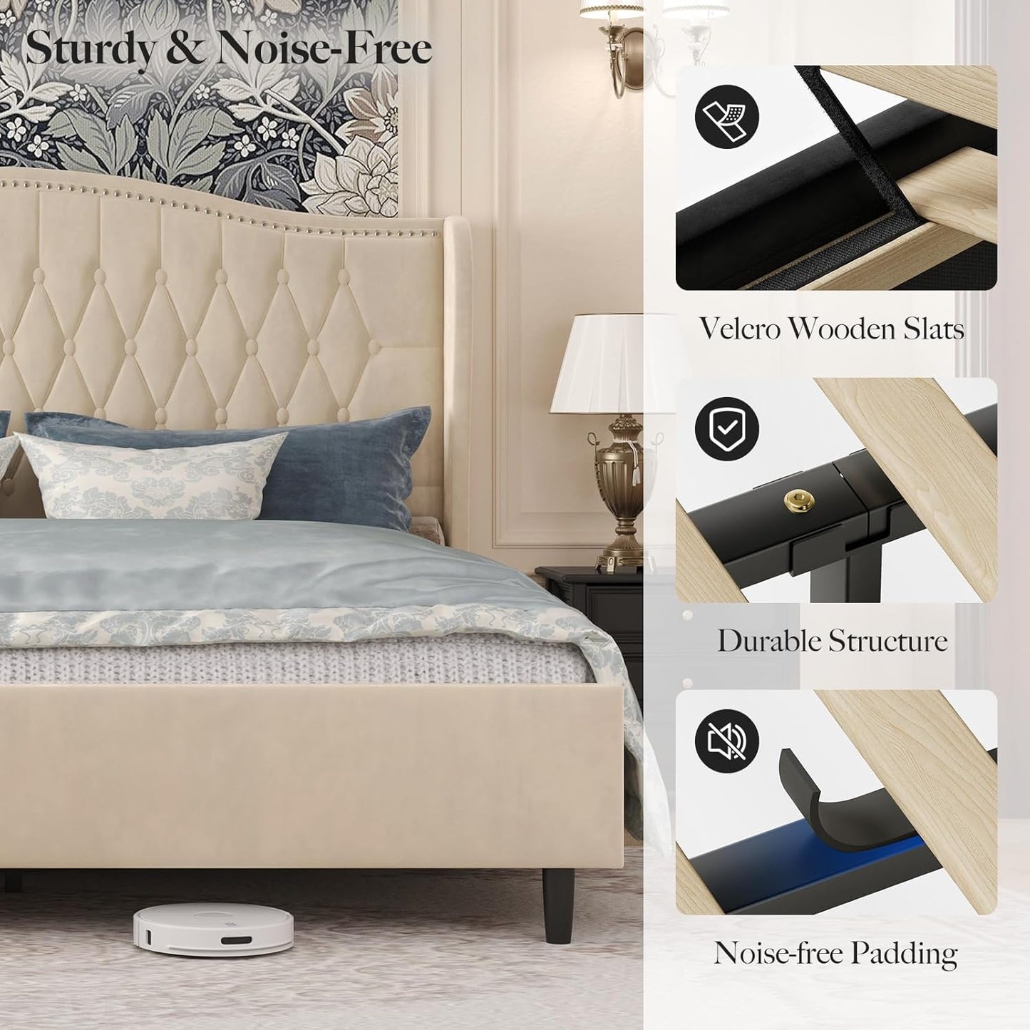 Belffin King Bed Frame and Headboard, Luxury Upholstered Velvet Platform Bed with Wingback, Button Tufted & Nailhead Trim, Anti-Slide Tall Footboard, No Box Spring Needed, Noise-Free, Beige