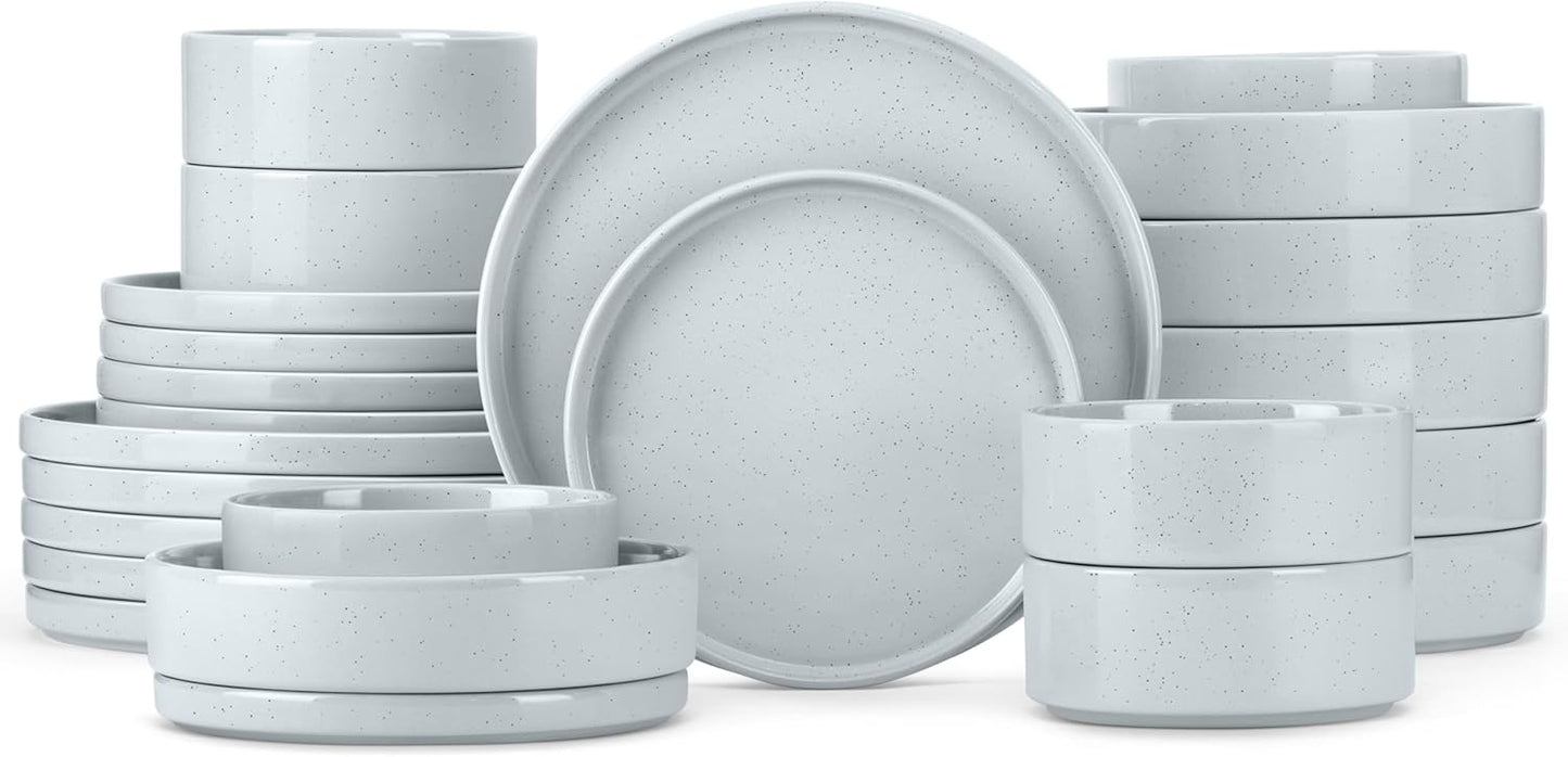 Herogo Stoneware Dinnerware Set with Salad Bowls, 24 Piece Kitchen Dinner Dish Set for 6, Plates and Cereal Pasta Bowls, Chip & Scratch Resistant Dishware, Speckled Light Gray