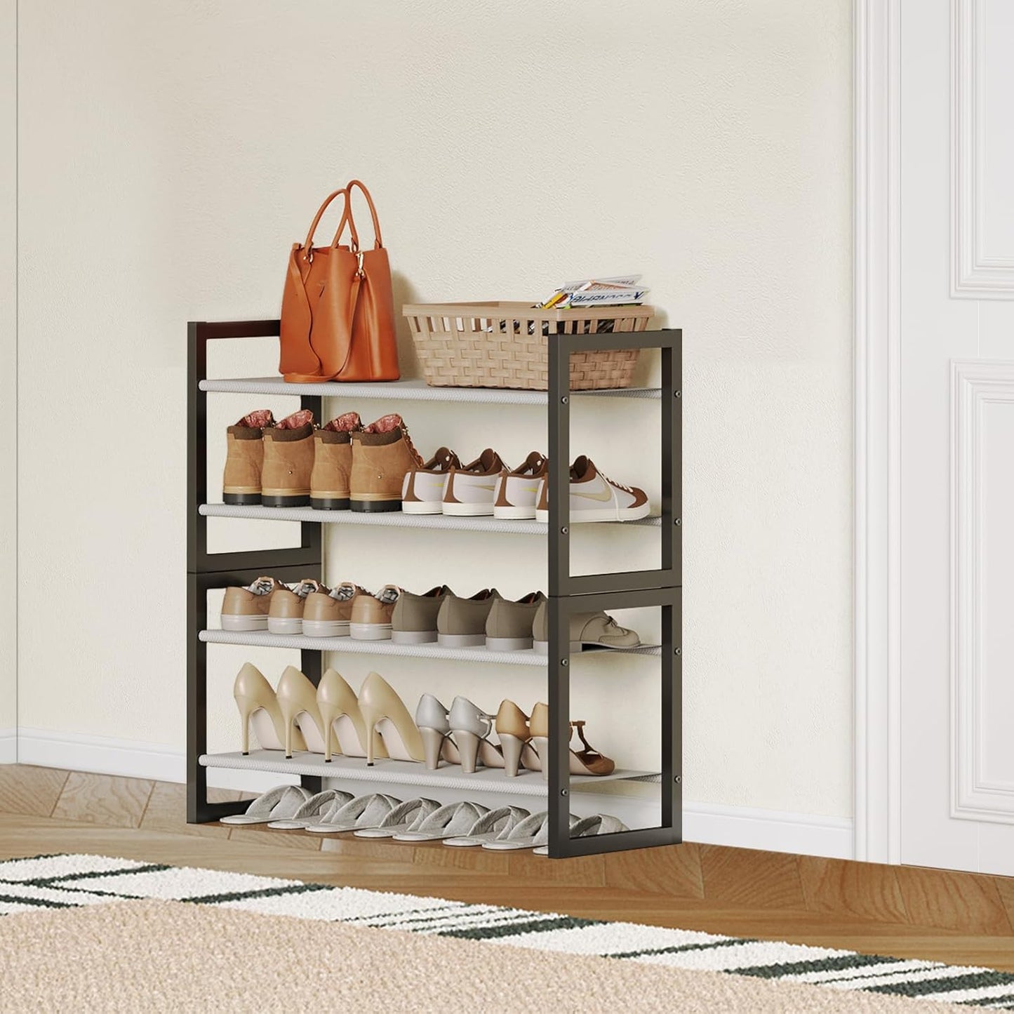 Shoe Rack with Non-Woven Fabric, 4 Tier Shoe Organizer Metal Shoe Storage Shelf, Easy to Assemble, Sturdy & Durable Shoe Shelves, Shoe Rack for Closet, Entryway, Bedroom, Floor,Black