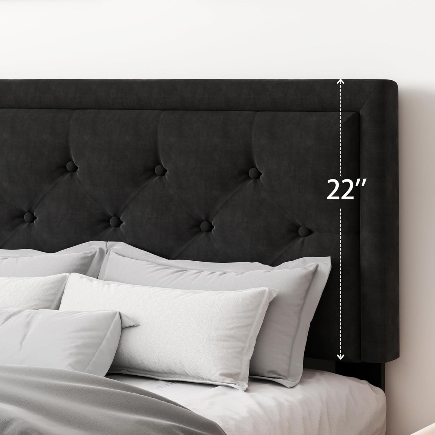 Queen Size Platform Bed Frame with Upholstered Velvet Button Tufted Headboard, Mattress Foundation with Wooden Slat Support, No Box Spring Needed, Easy Assembly, Noise Free, Black