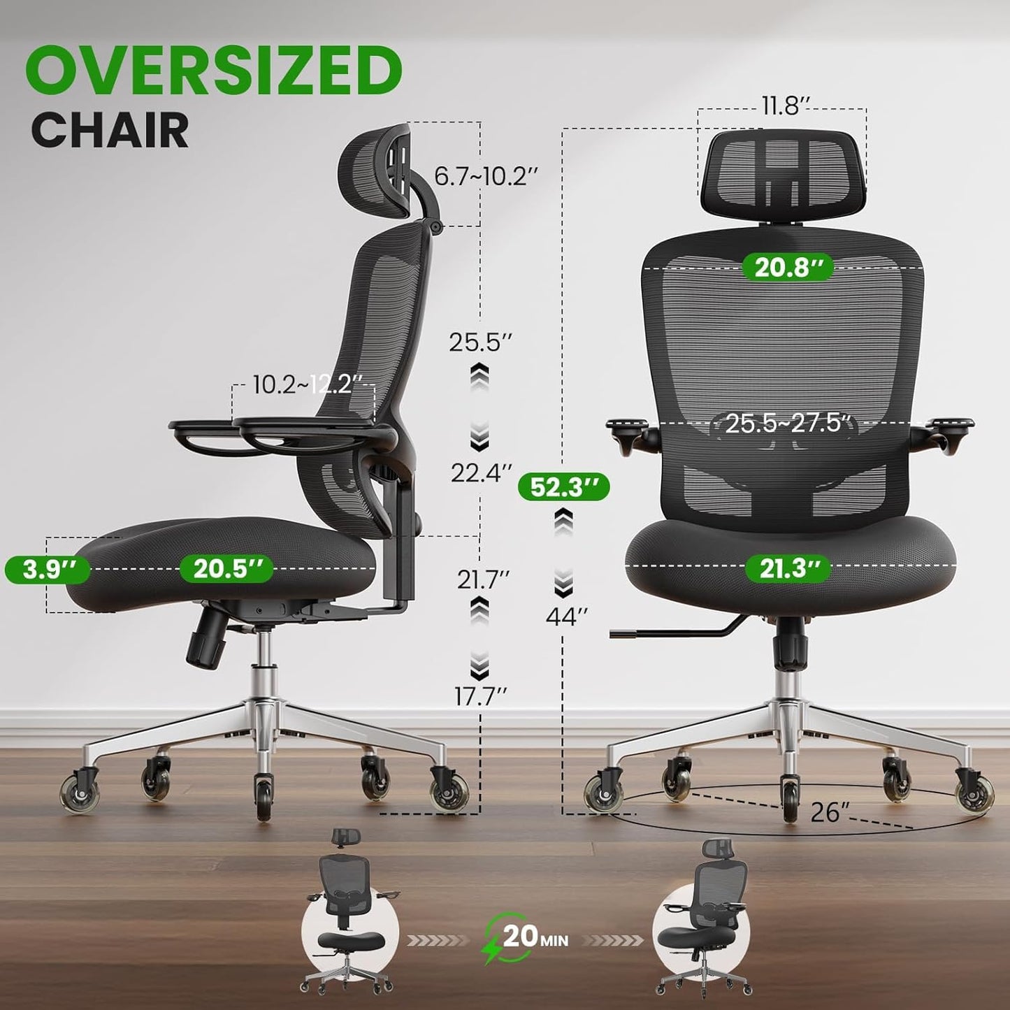 Ergonomic Office Chair with Upgraded Rubber Wheels for Big and Tall, Adjustable High Back Computer Chair 350lbs with 3D Headrest, Lumbar Support, Flip-up Arms, Mesh Desk Chair for Long Work Hours