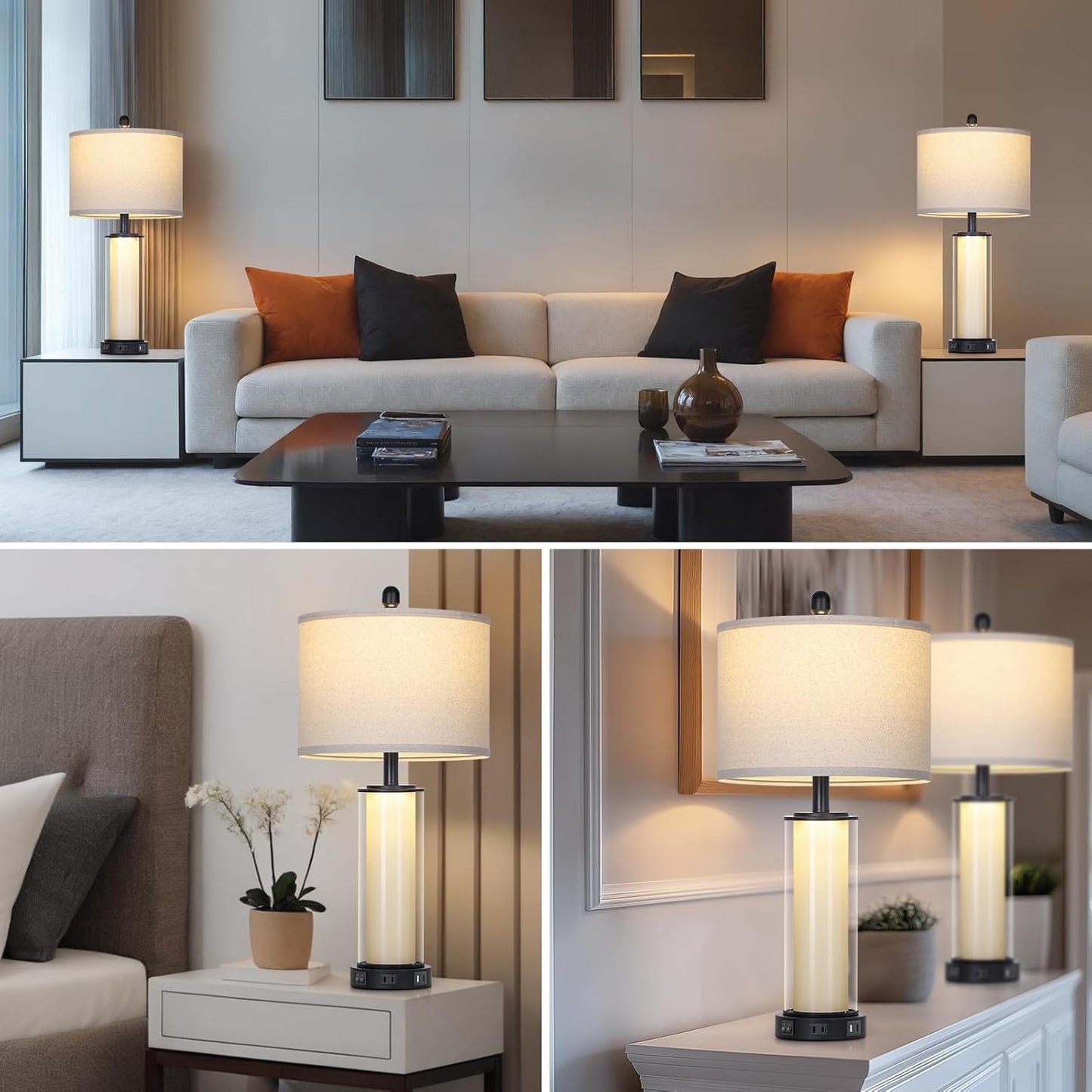 Black Glass Table Lamps Set of 2, 26" Living Room Lamp with Built-in Frosted Glass Night Light, Modern Bedroom Lamp with USB C+A Ports & AC Outlet, Bedside Lamps for Nightstand (4 Bulbs Included)