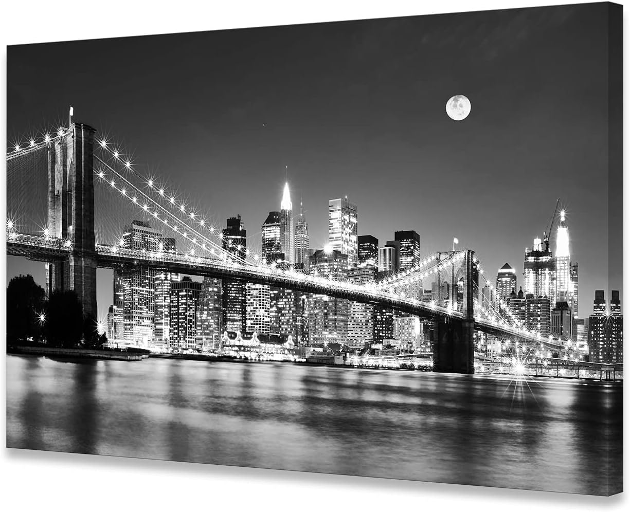 Baisuart-Q30369 Brooklyn Bridge Night View 1 Panels Landscape Artwork Canvas Prints Moon Night New York City Scene Picture Paintings Black and white Wall Art for Oiffce Home Decorations Wall Decor