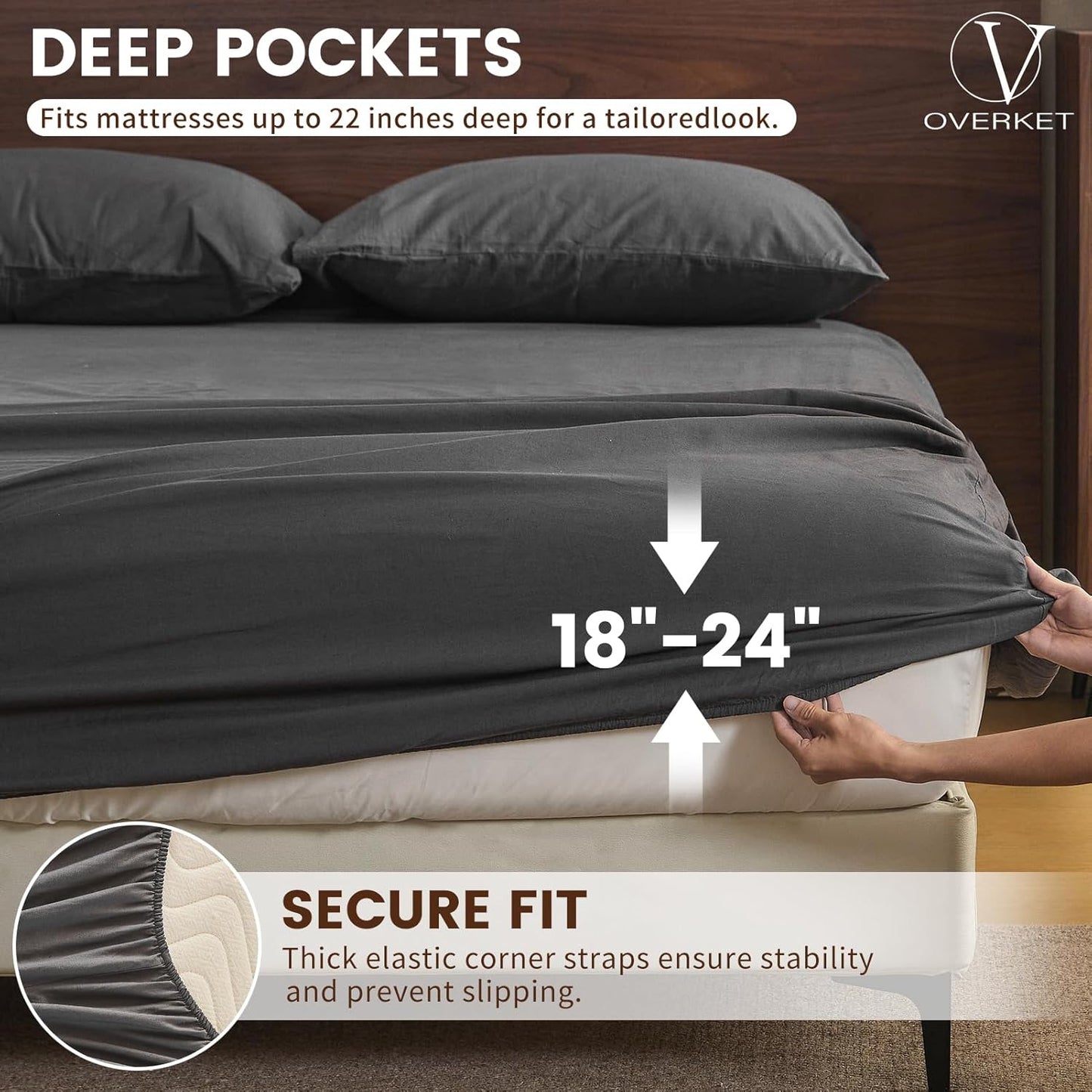 100% Linen Sheet Set Queen Size Extra Deep Pocket Fits 18-24 Inch Mattress, Breathable & Soft, Smooth 6-Piece Set for Thick Mattresses Hotel Luxury Bedding（Queen, Dark Grey）