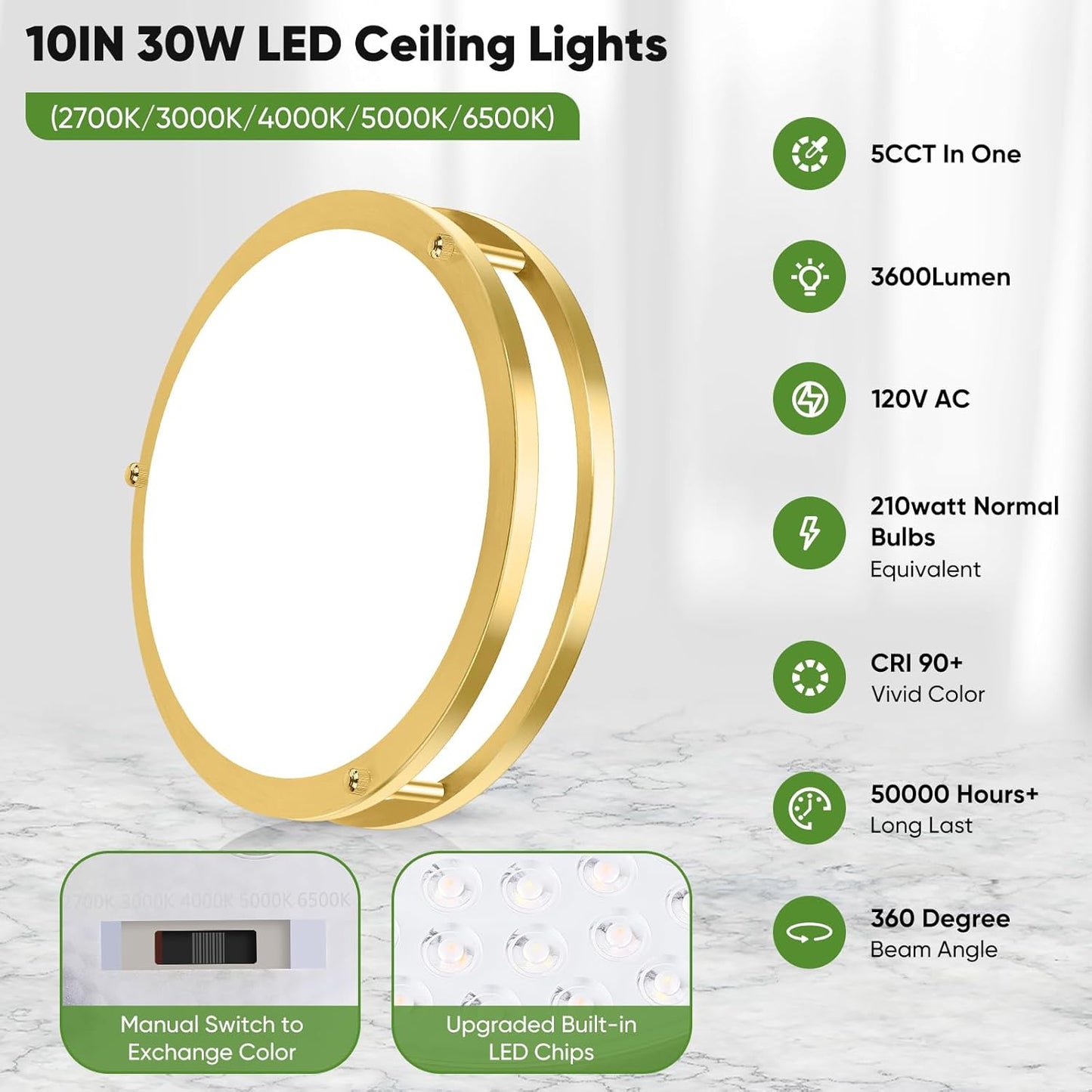 10 Inch LED Flush Mount Ceiling Light, Gold Kitchen Lighting Fixture with 2700K/3000K/4000K/5000K/6500K 5 Color Adjusted, Dimmable Modern Round LED Light for Bedroom Living Room Laundry, 1-Pack