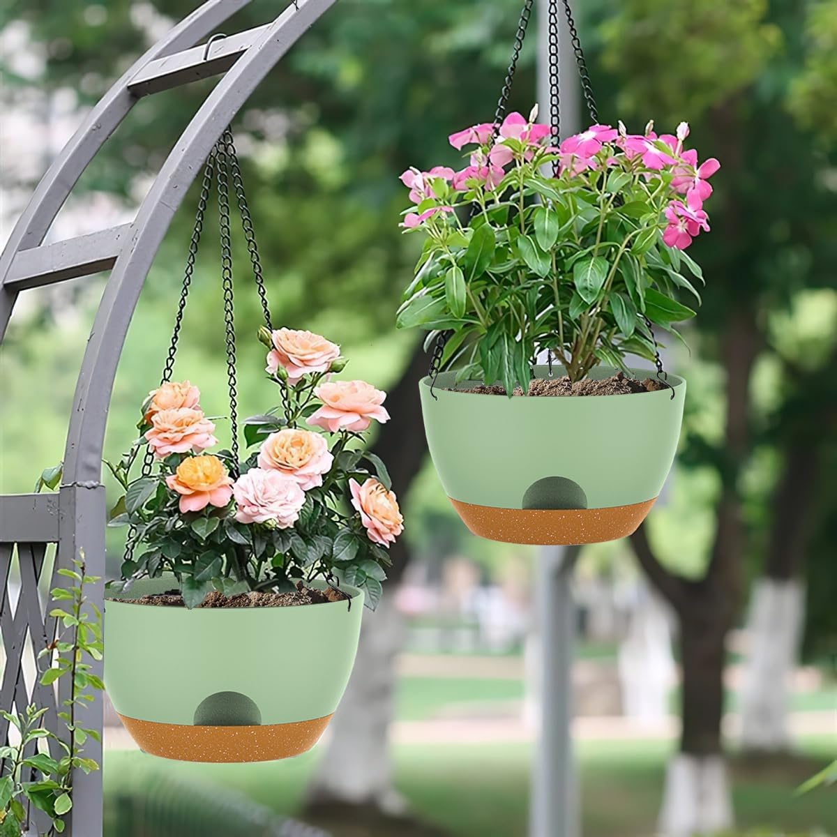10 Inch Hanging Baskets 2 PC with Chains, Self-Watering Hanging Planters for Indoor Outdoor Plants, Plastic Hanging Flower Pots,Green Brown