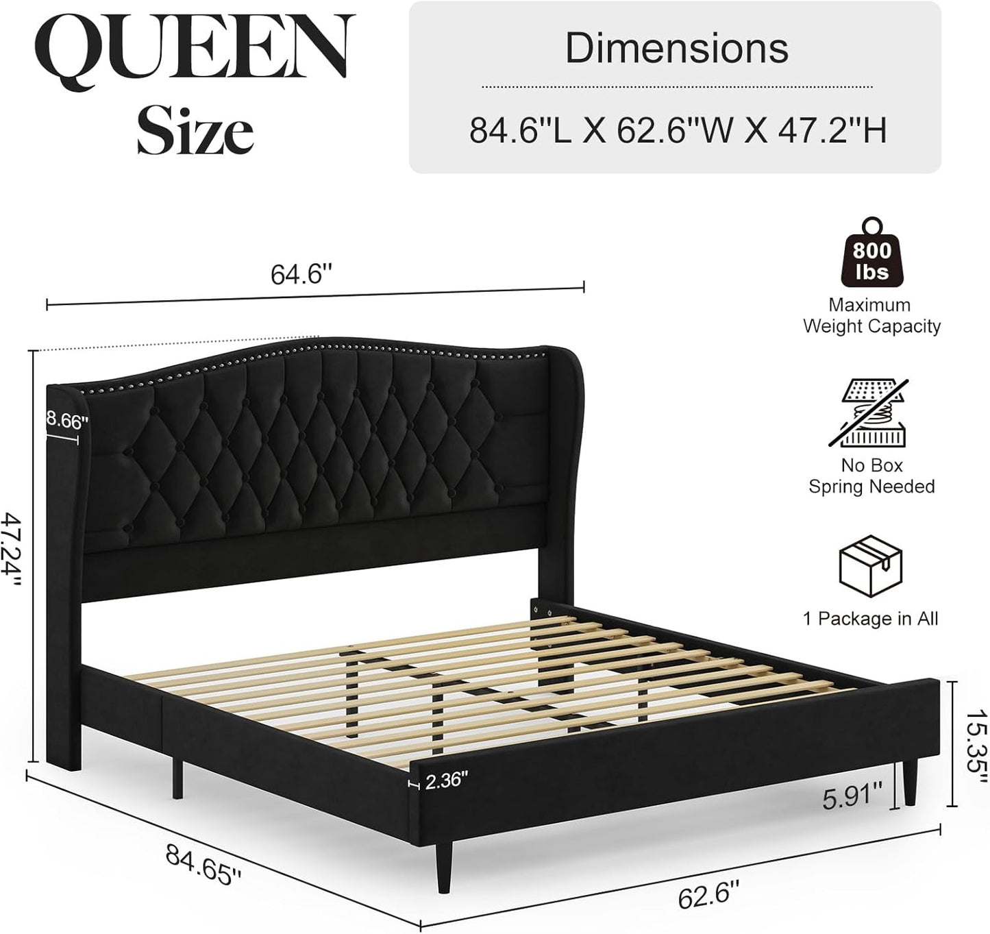Belffin Queen Bed Frame with Headboard, Luxury Upholstered Velvet Platform Bed with Wingback, Button Tufted & Nailhead Trim, Anti-Slide Tall Footboard, No Box Spring Needed, Noise-Free, Black