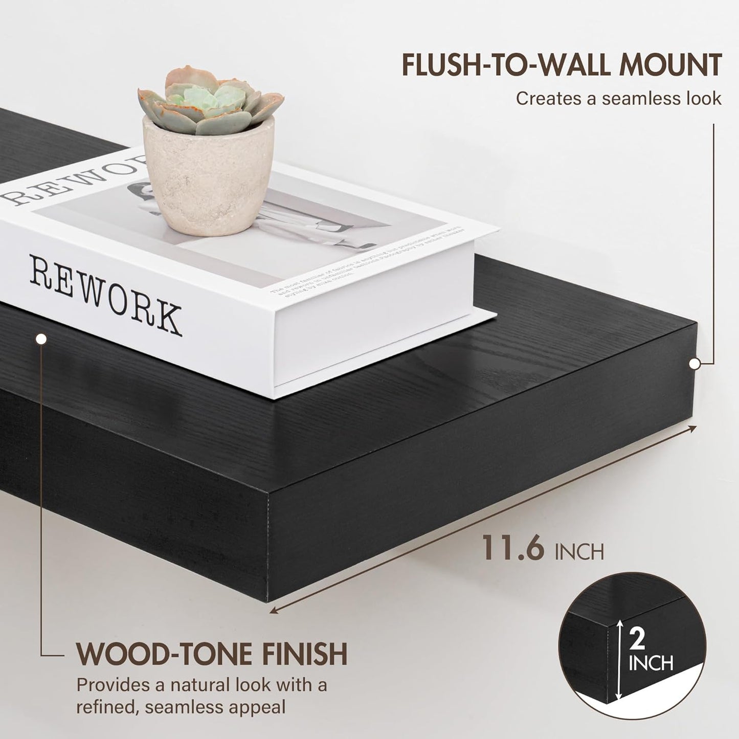 24 Inch Floating Shelves, 12" Deep Floating Shelf Wall Mounted, 24" Wall Shelves, Rustic Deep Bookshelf, Extra Deeper & Thicker Display Shelves for Bedroom, Living Room, Black, Set of 2