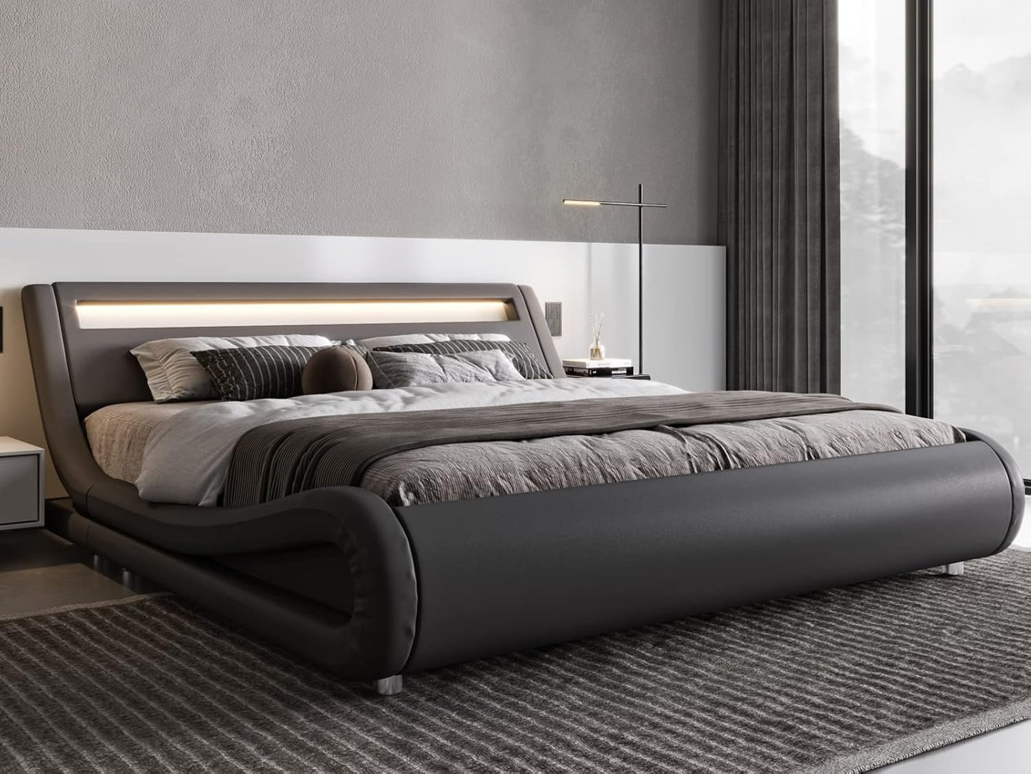 Allewie Queen Size LED Platform Bed Frame with Adjustable Headboard/No Box Spring Need/Easy Assembly/Faux Leather in Grey