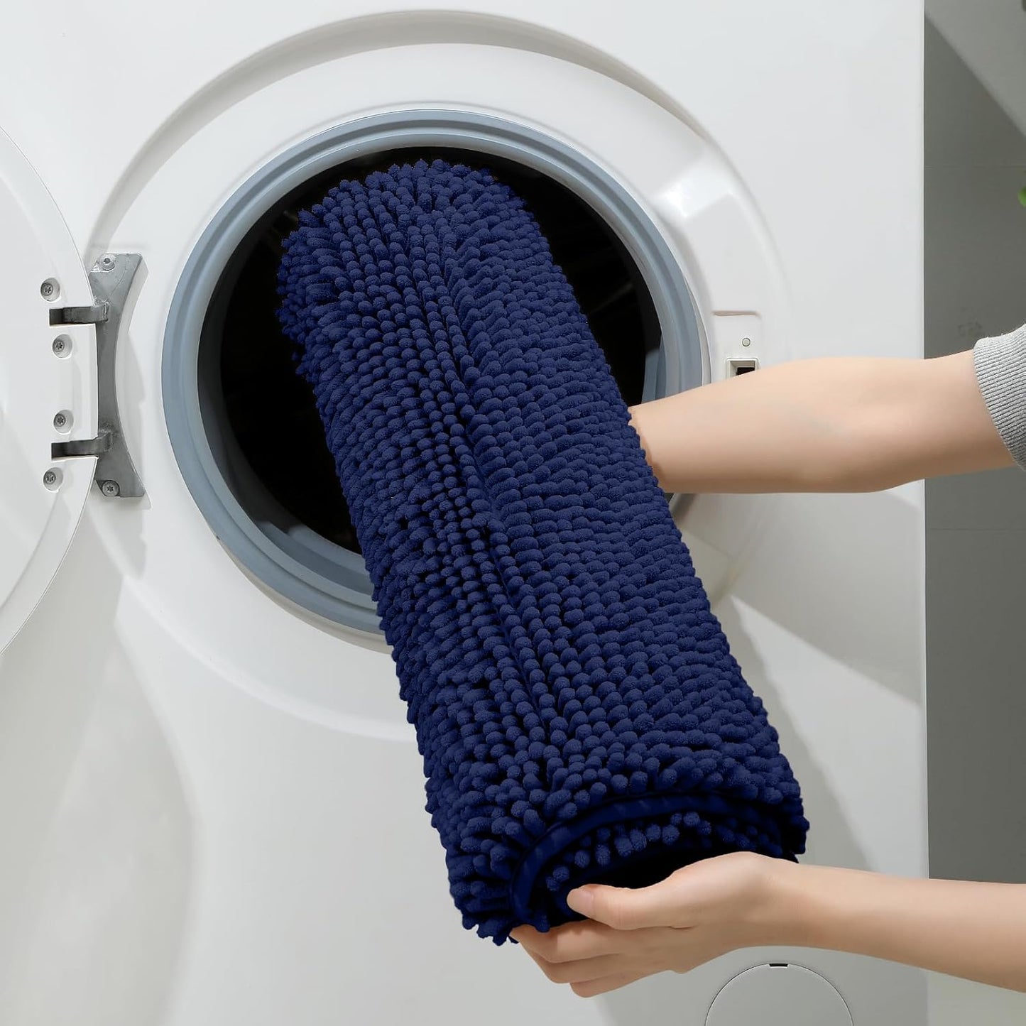 HOMEIDEAS 3 Pieces Bathroom Rugs, Ultra Soft Non Slip Absorbent Chenille Toilet Bath Mat Set (Blue-Navy Blue, 17"x24"+20"x48"+U Shape 20"x24")